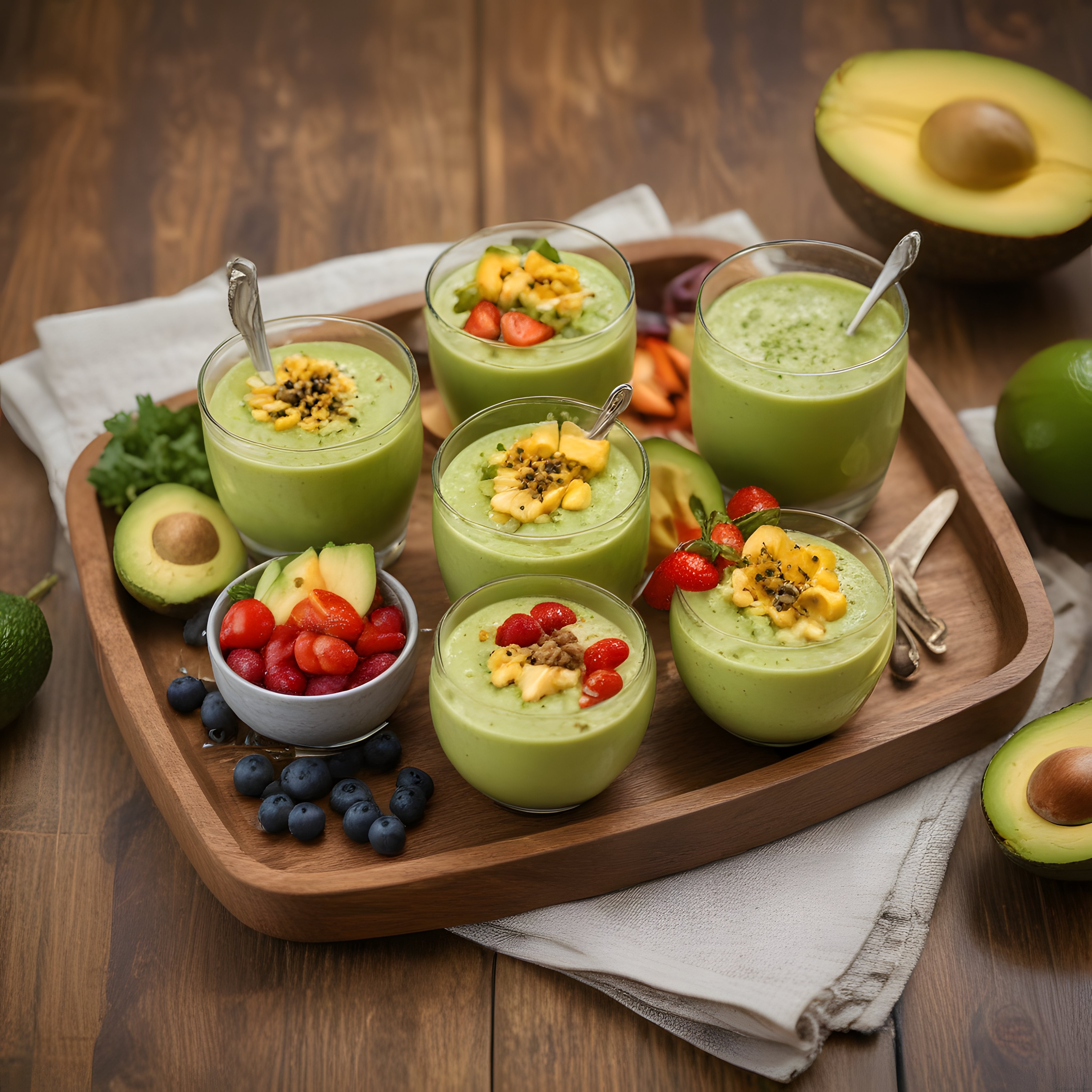Taze Avokadolu ve Orman Meyveli Sağlıklı Smoothie Kasesi ile Kahvaltı Sunumu