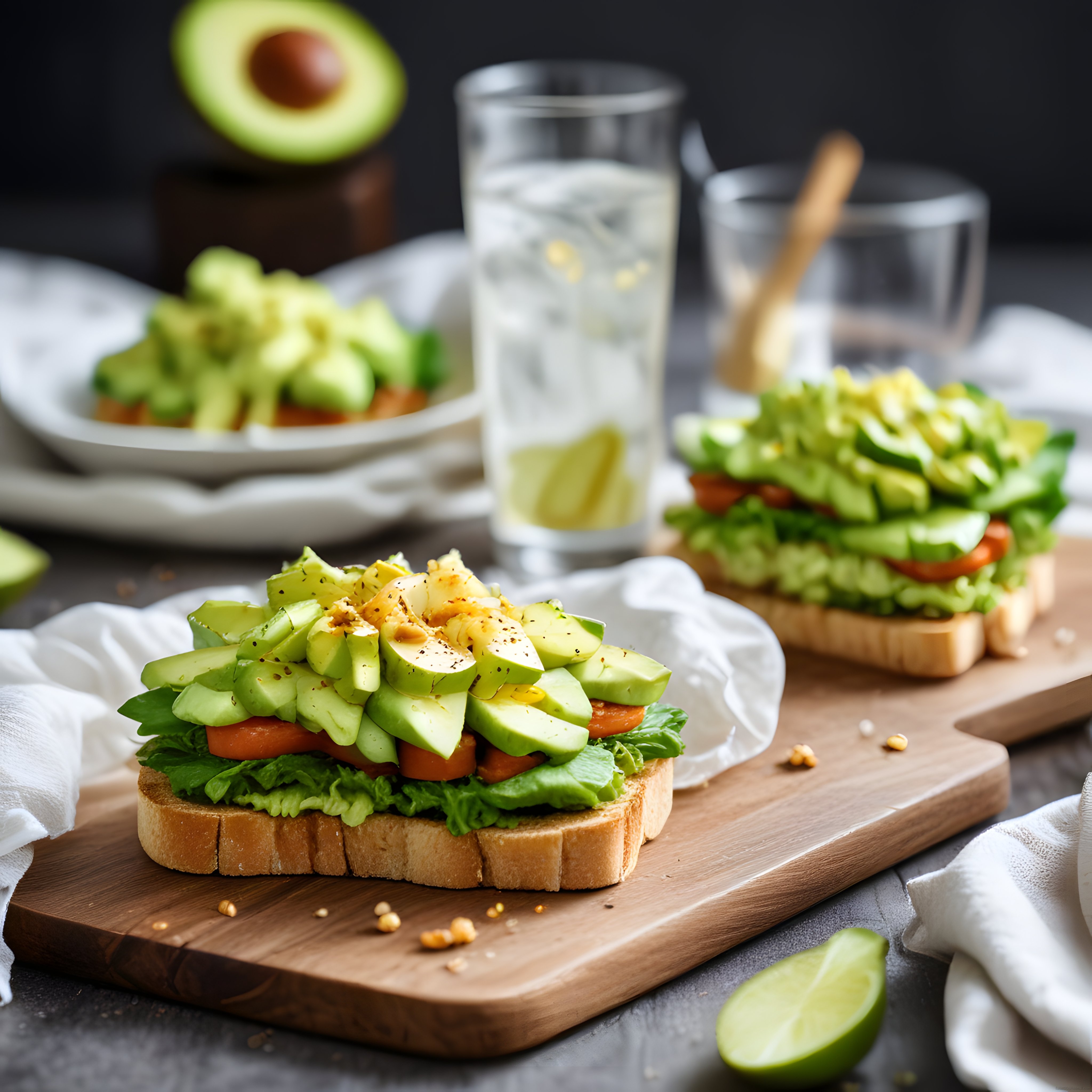 Taze avokadolu ve yeşillikli çıtır ekmek üzerinde şık kahvaltılık bruschetta sunumu