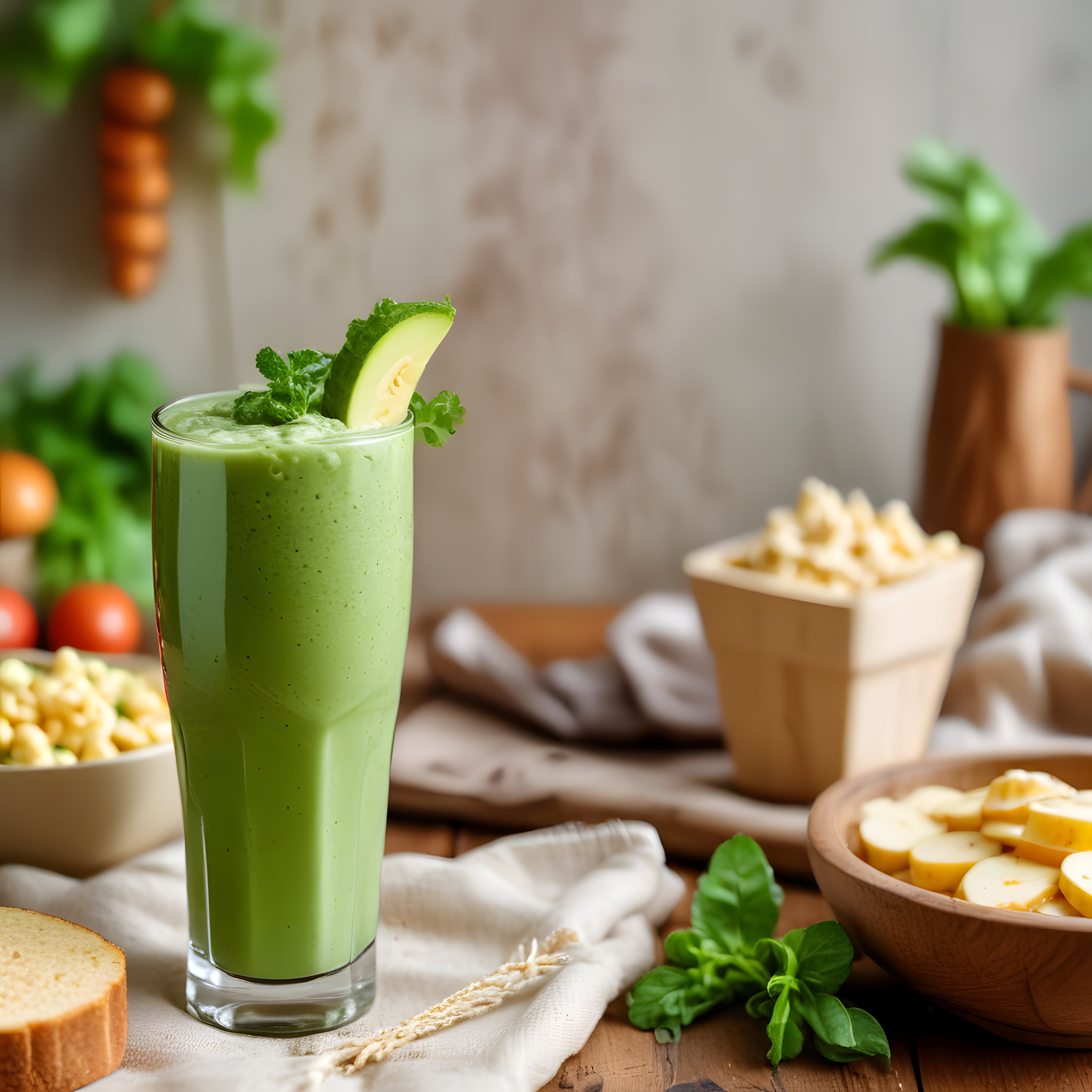 Taze Avokadolu Yeşil Smoothie ve Ev Yapımı Kahvaltı Masası Düzeni