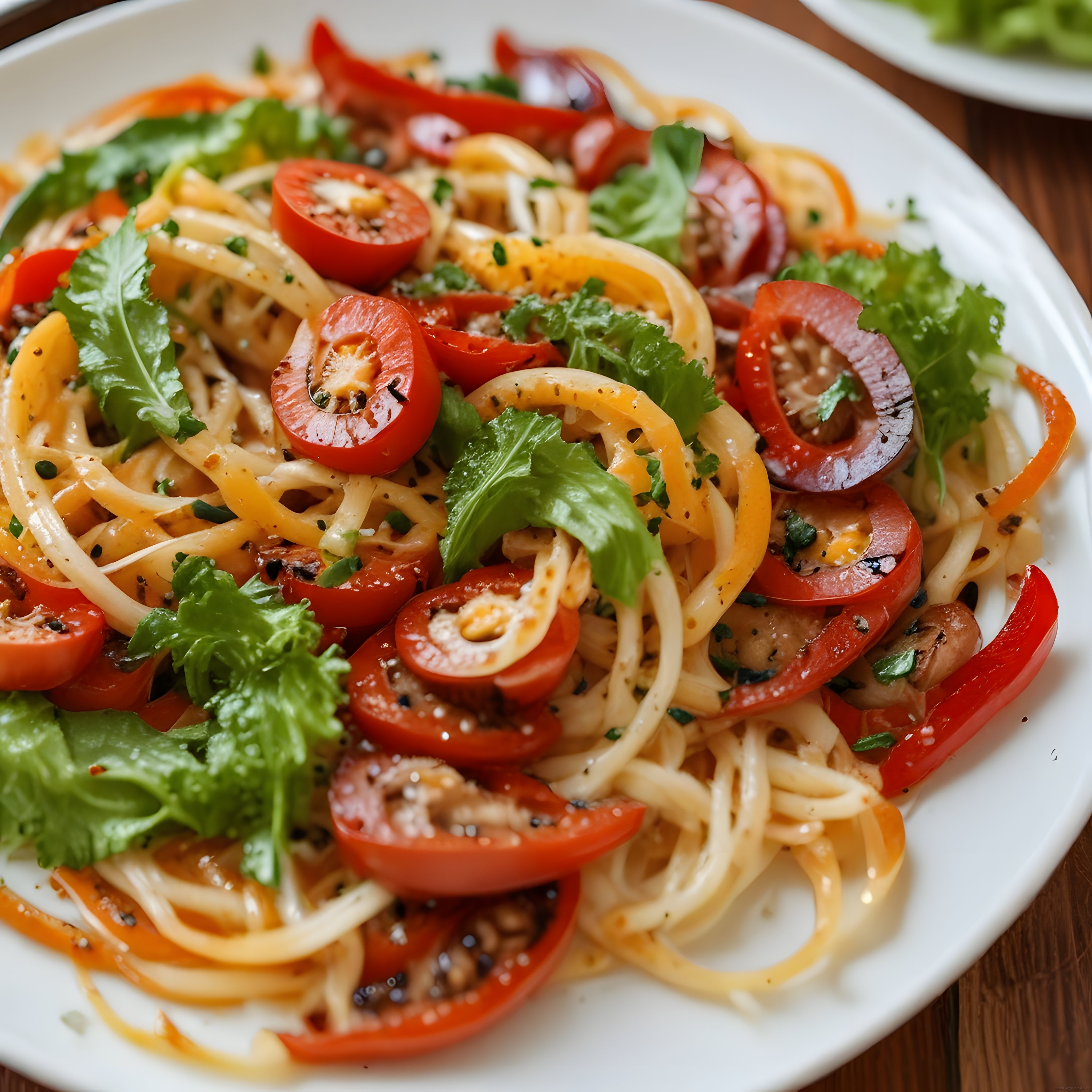 Taze Baharatlarla Süslenmiş Domatesli Biberli İtalyan Spagetti Tabağı