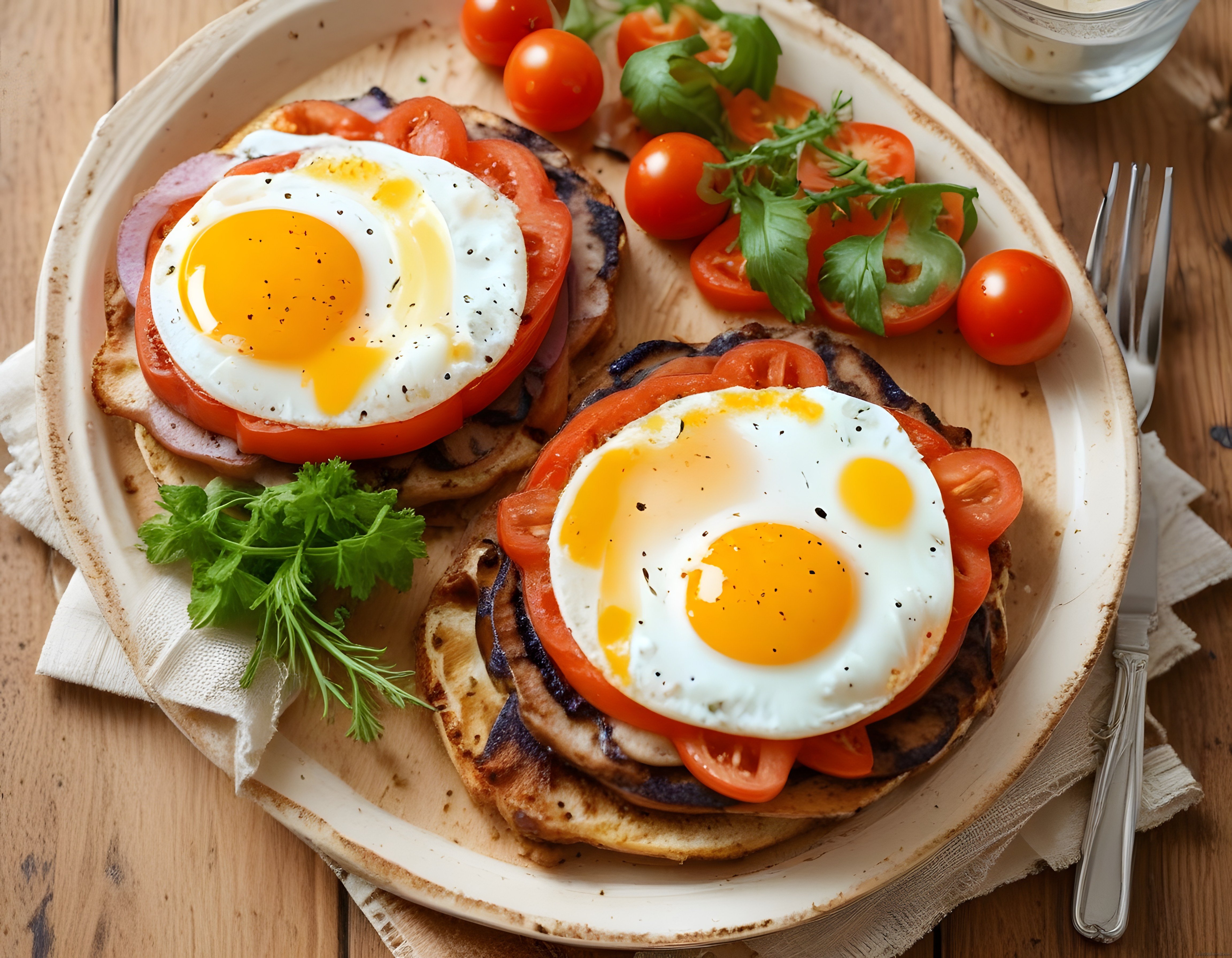 Taze Baharatlarla Süslenmiş Domatesli Yumurtalı Ekmek Üstü Kahvaltı Tabağı