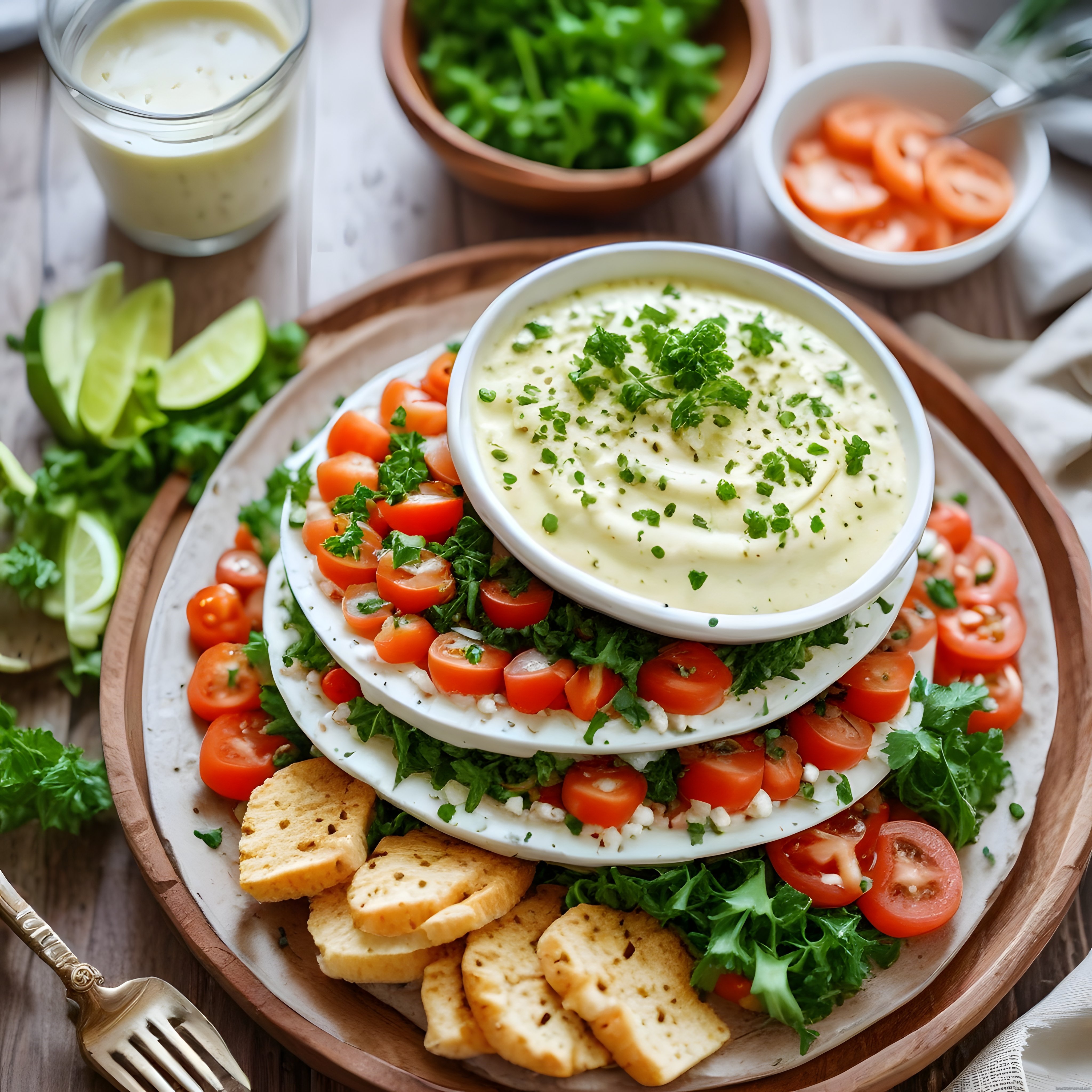 Taze Baharatlı Dip Sos ve Sebzeli Katmanlı Sunum ile Kahvaltı Tabağı