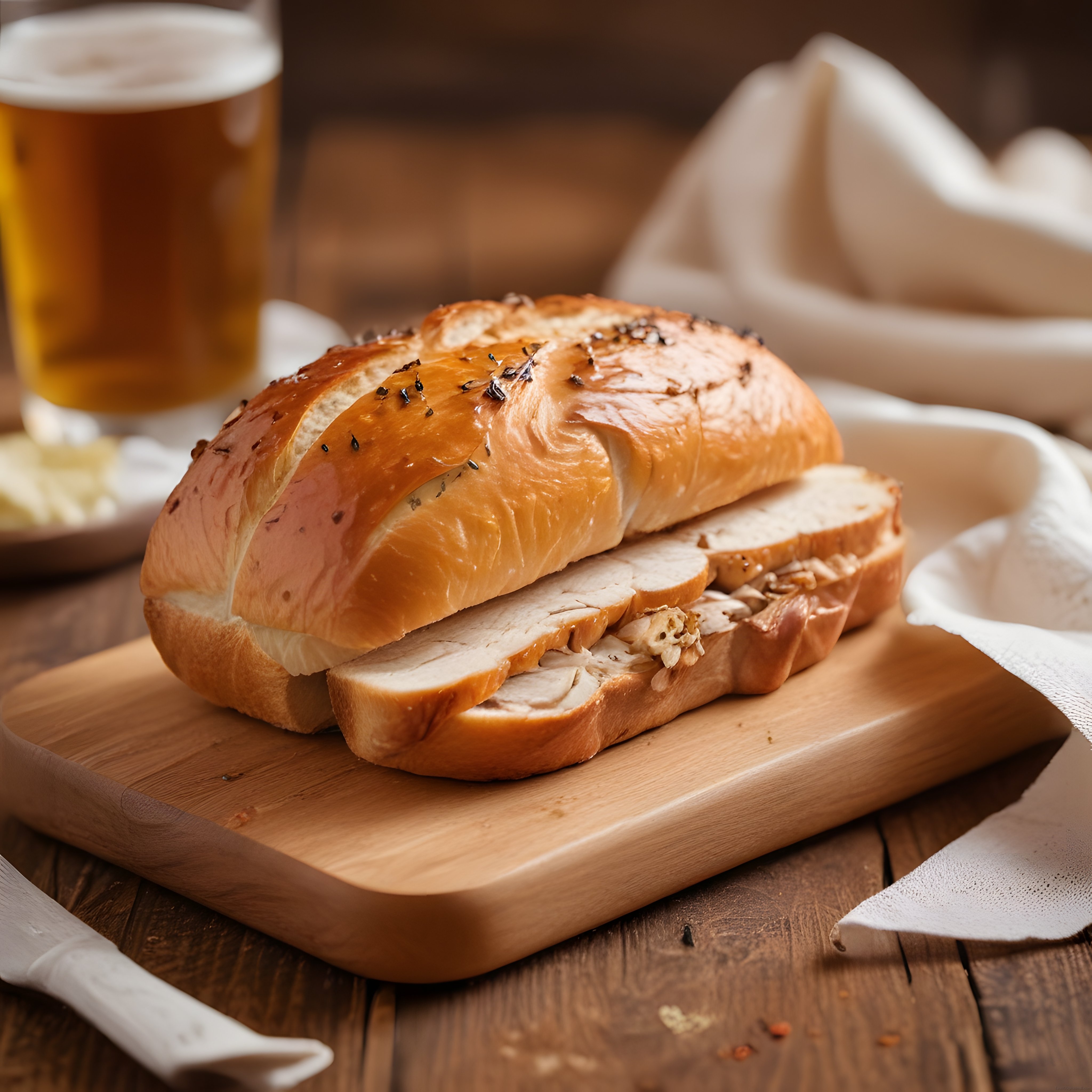 Taze baharatlı ekmek arası hindi füme ile nefis sandviç ve bira eşlikçisi