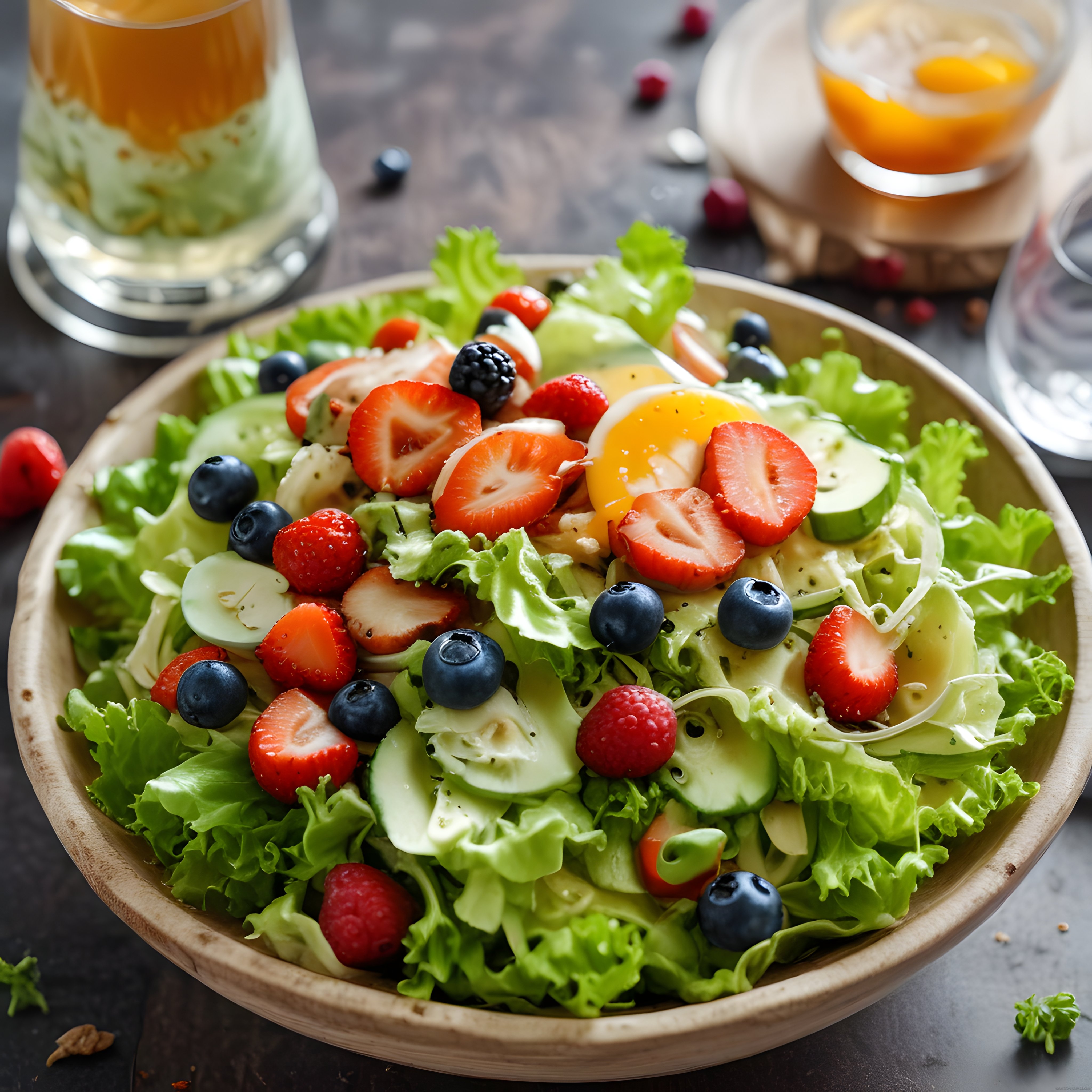 Taze Baharatlı Orman Meyveli Yeşil Salata ve Yumurtalı Kahvaltı Kasesi