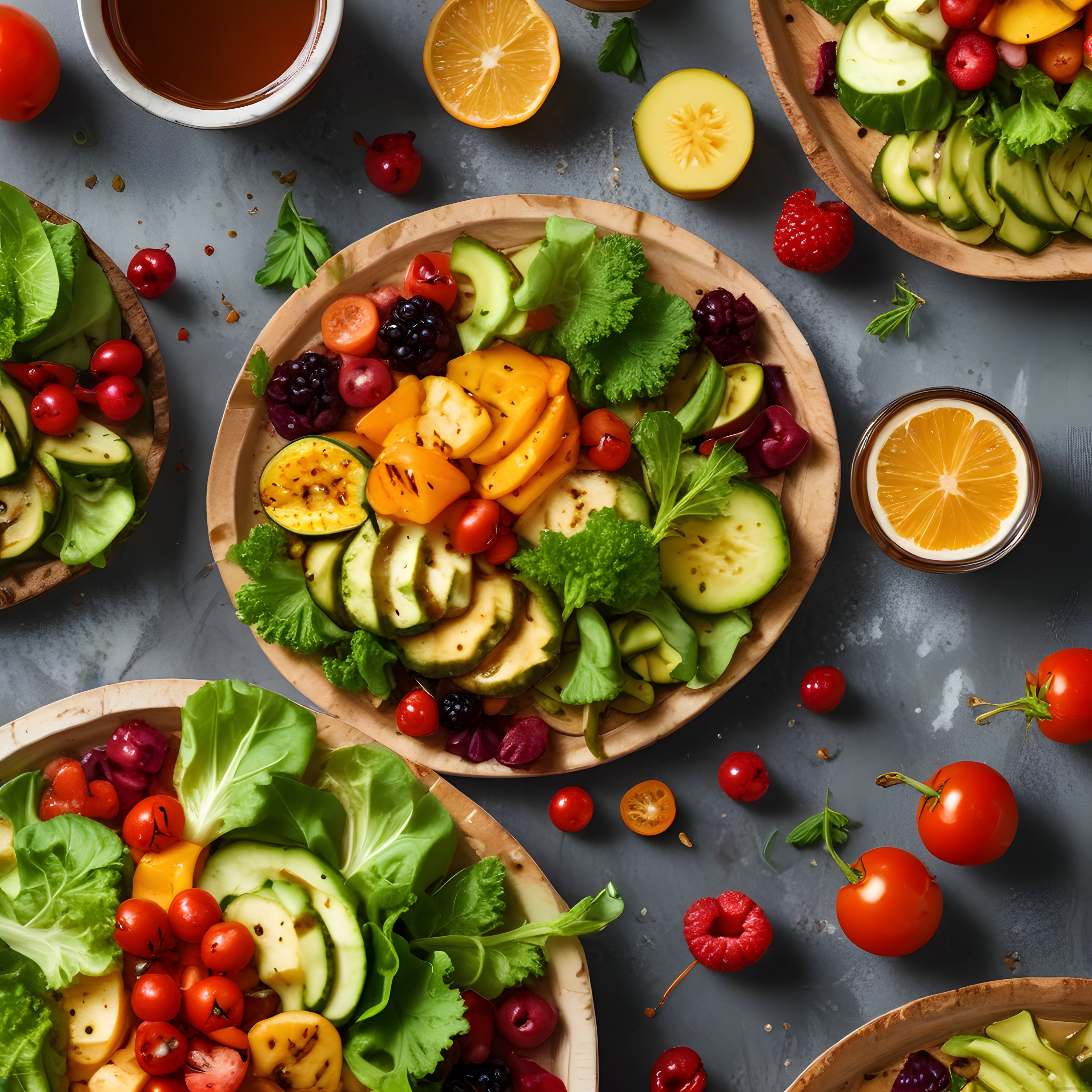 Taze Bahçe Salatası ve Renkli Meyveler: Sağlıklı Beslenme Sunumu
