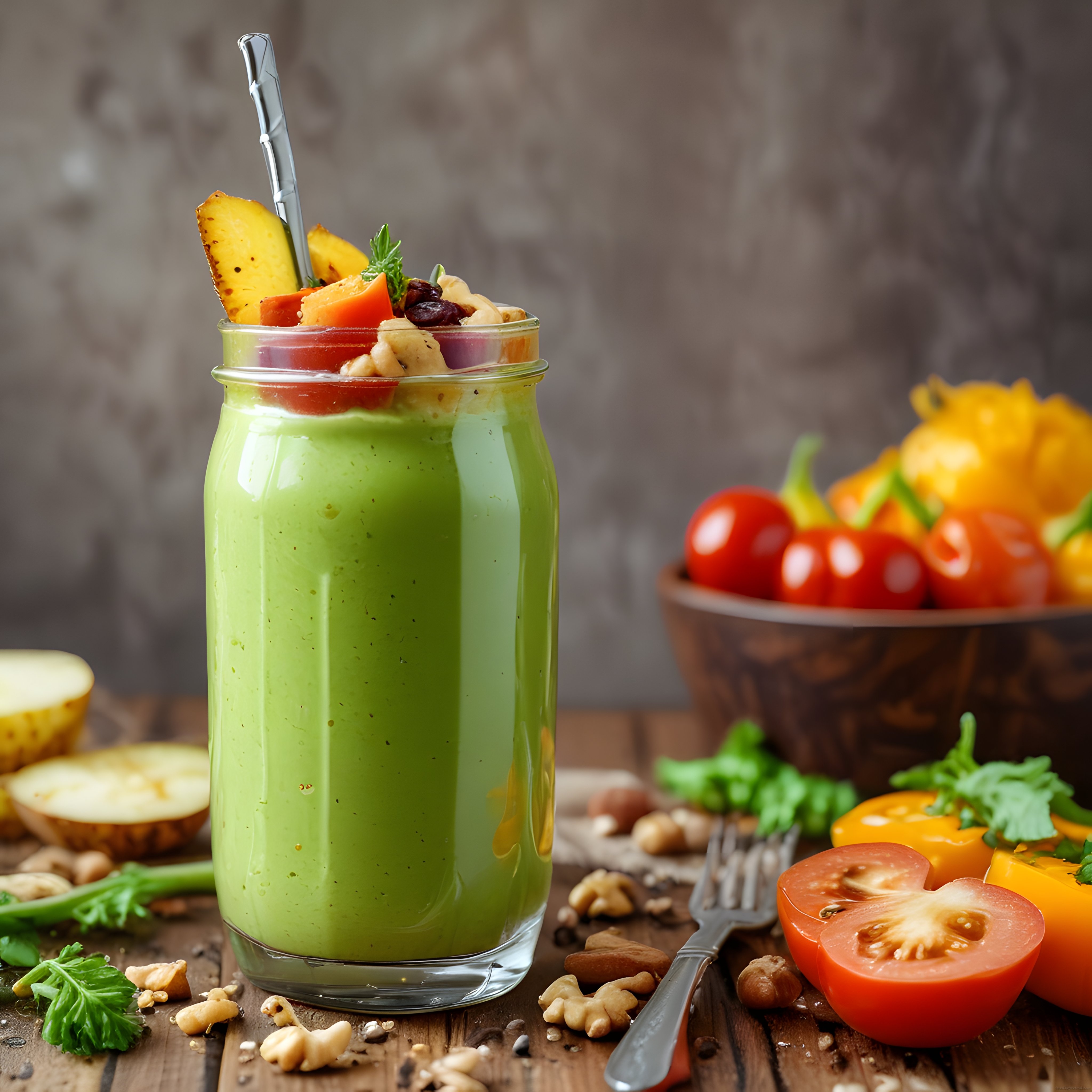 Taze Bahçe Sebzeleri ve Kuruyemiş Süslemeli Yeşil Detoks Smoothie Sunumu
