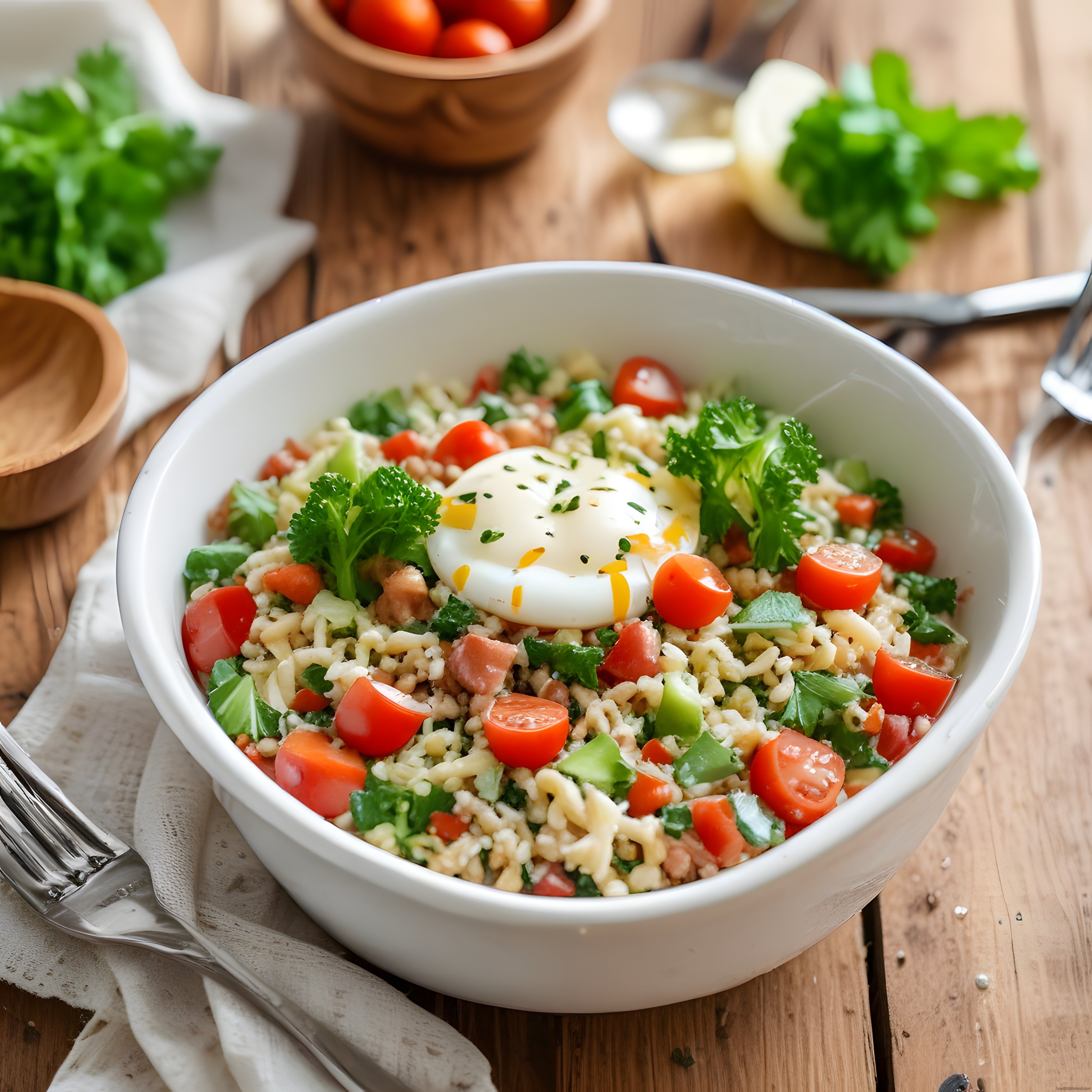Taze Bahçe Sebzeleri ve Poşe Yumurtalı Bulgur Salatası Sunumu