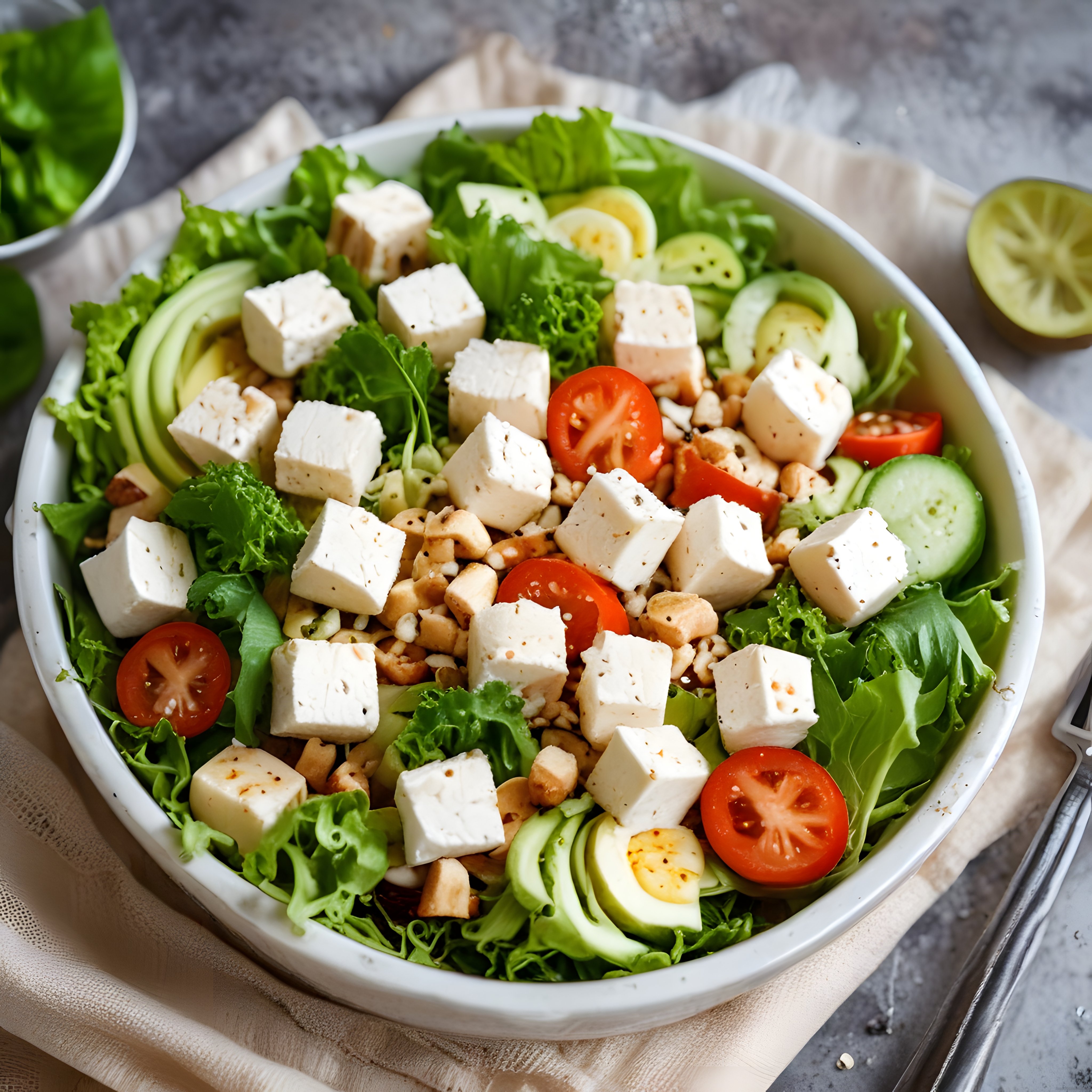 Taze Beyaz Peynirli Avokadolu Cevizli Sağlıklı Yeşil Salata Kasesi