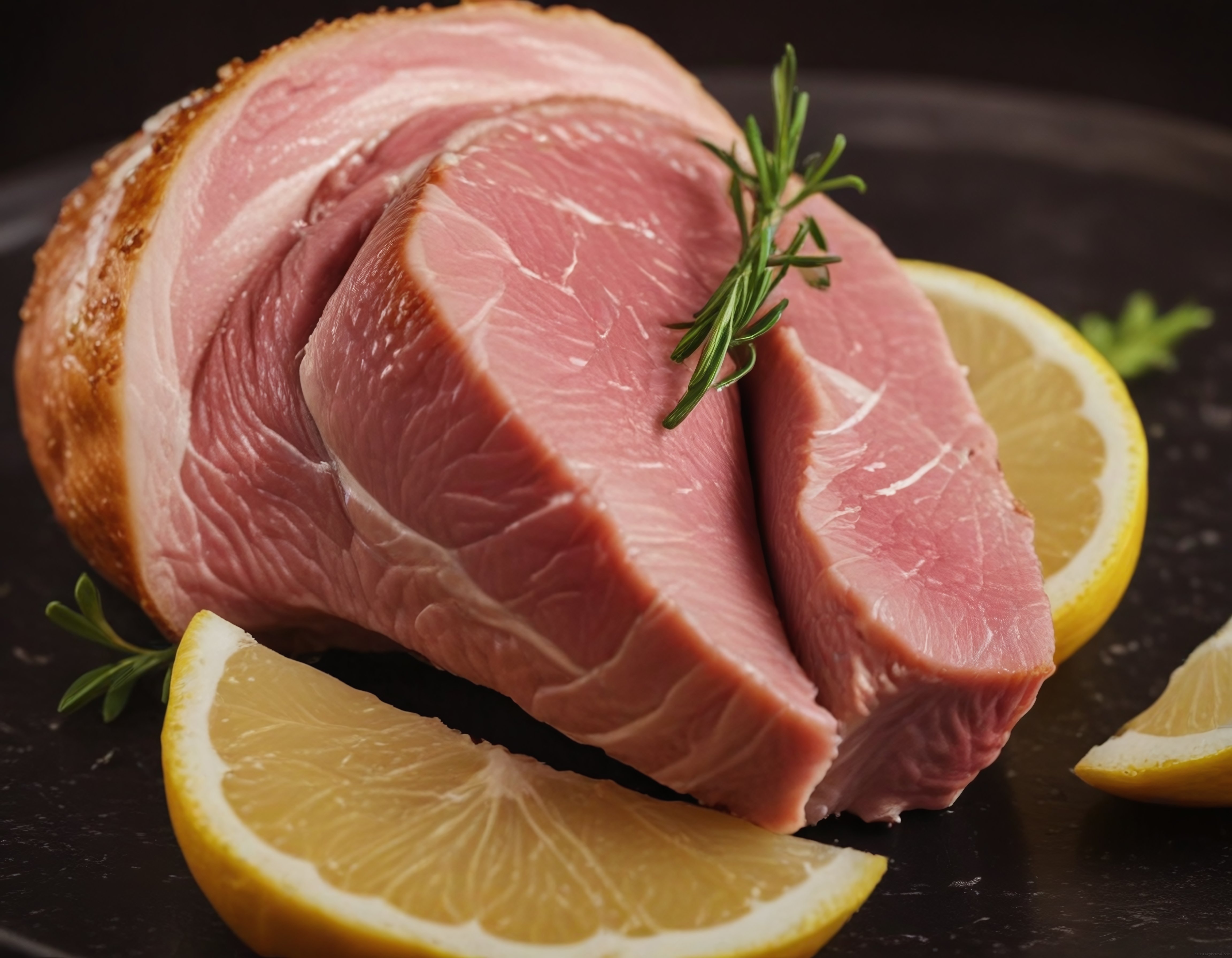 taze biberiye ve limon dilimleriyle süslenmiş dumanlı jambon şeritleri