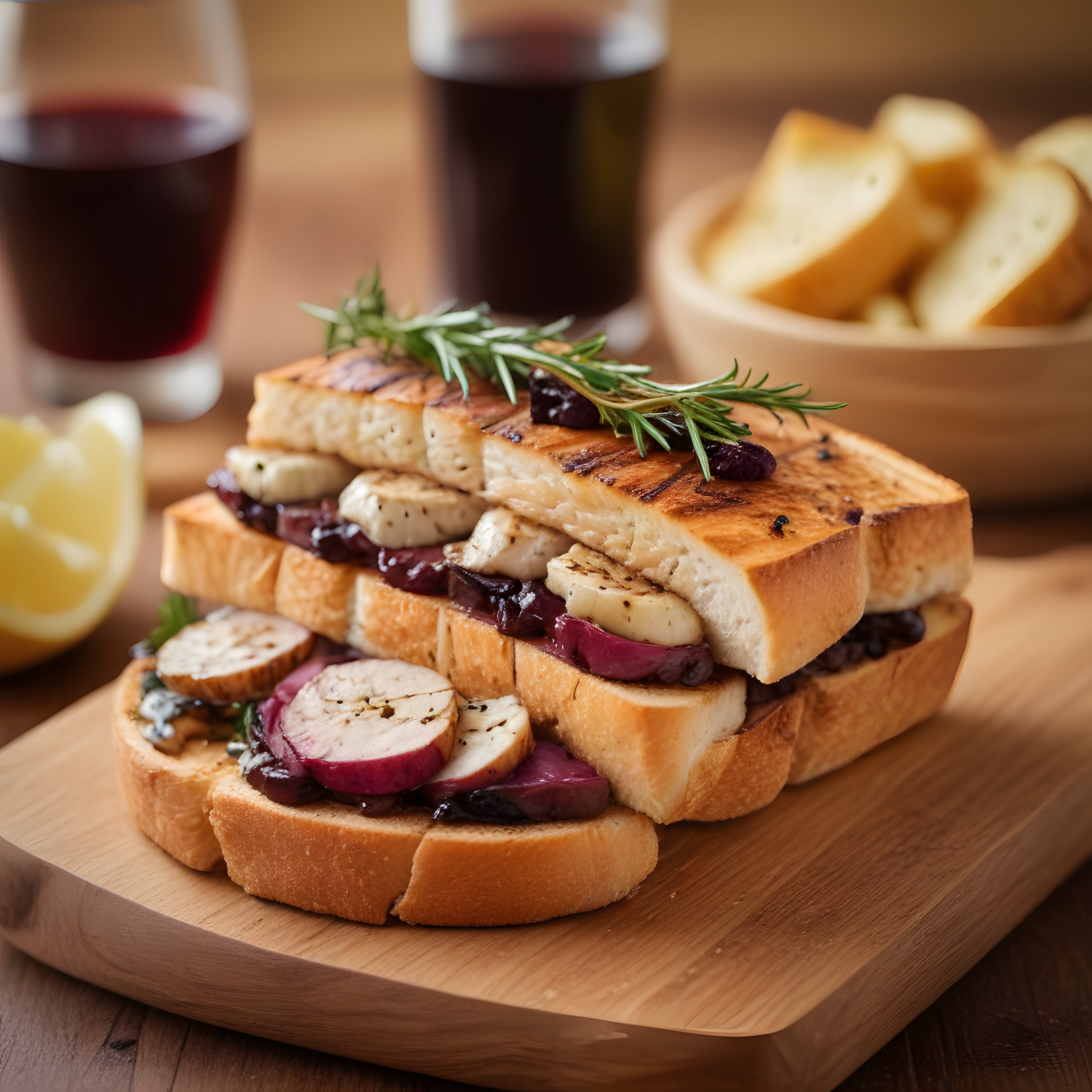 Taze Biberiyeli Tavuklu Tost Sandviç ve Kırmızı Şarap ile Şık Sunum