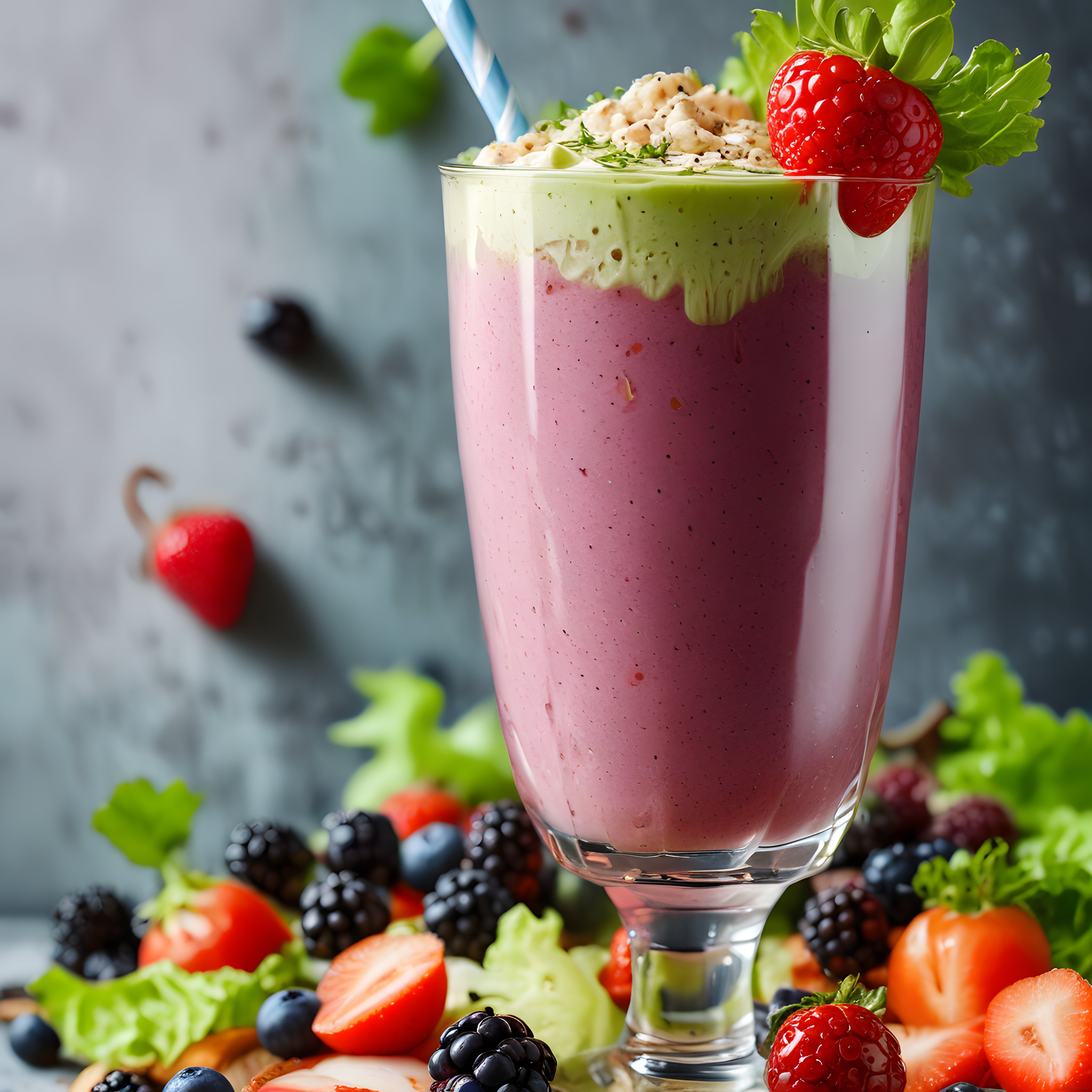 Taze Böğürtlen ve Çilekli Avokadolu Katmanlı Smoothie Sunumu