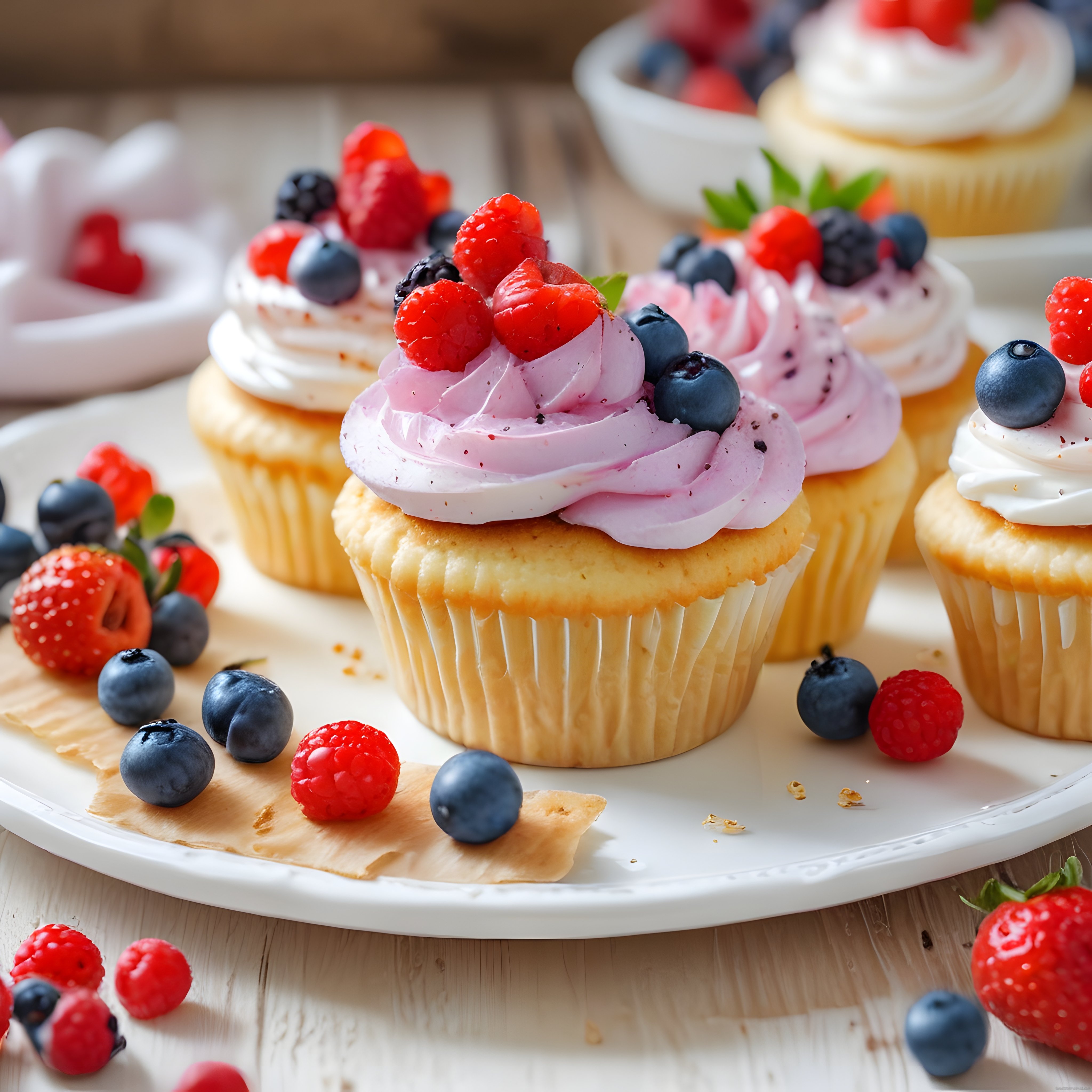 Taze Böğürtlen ve Yaban Mersiniyle Süslenmiş Renkli Cupcake Tatlı Sunumu