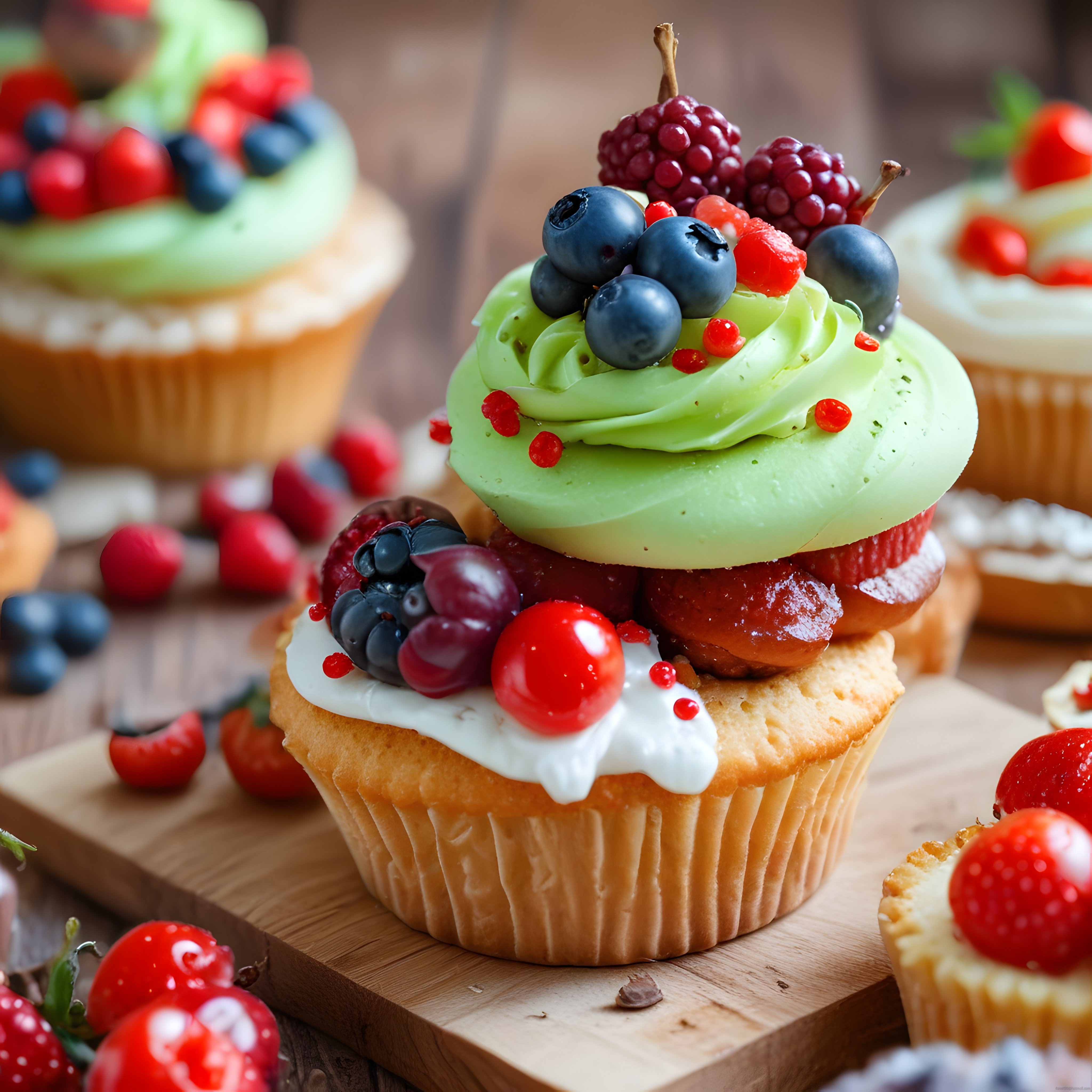 Taze Böğürtlen ve Yaban Mersinli Yeşil Kremalı Nefis Cupcake Sunumu