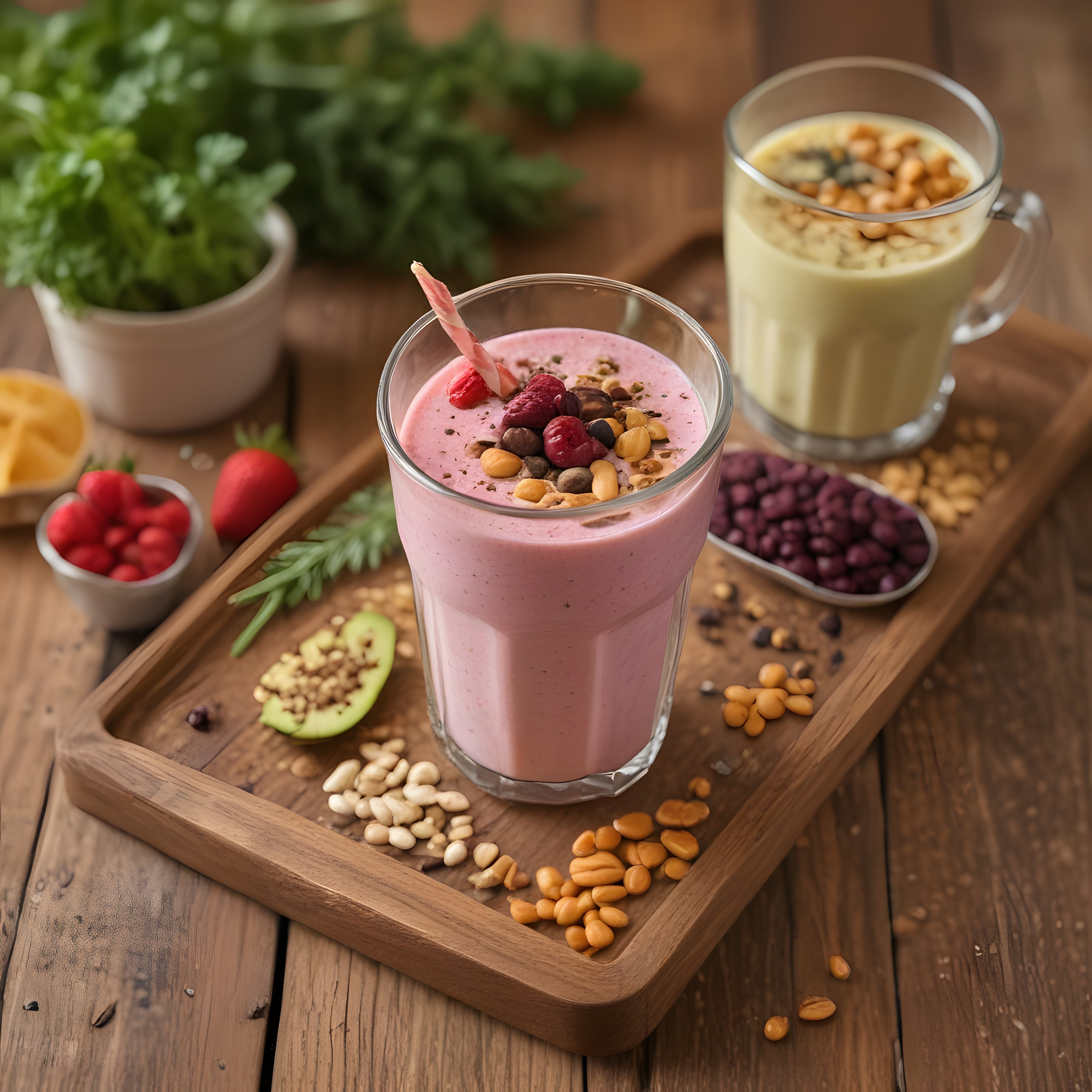 Taze Böğürtlenli Smoothie ve Kuruyemişli Sağlıklı Kahvaltı Konsepti