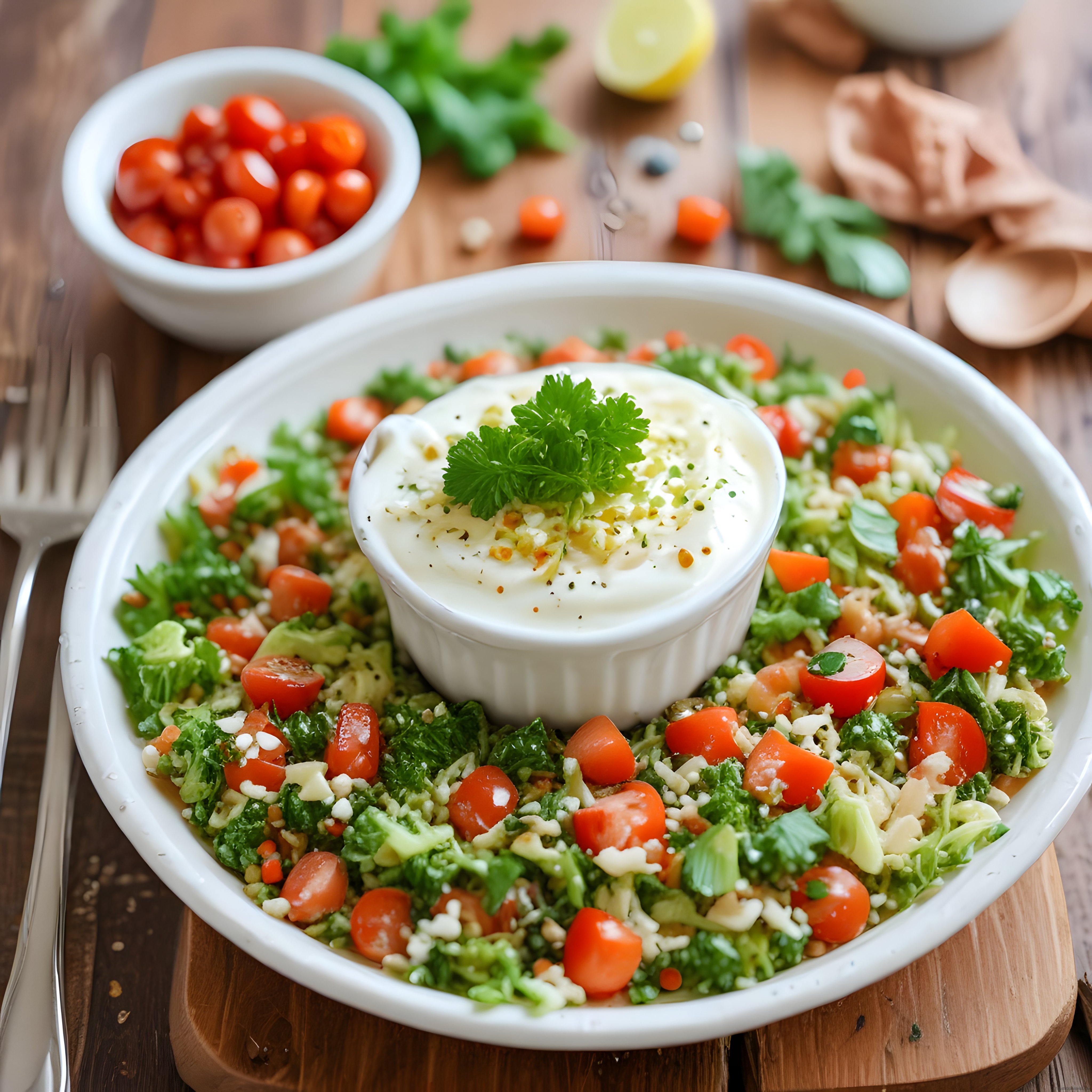 Taze Brokoli ve Domatesli Yoğurtlu Dip Sos Eşliğinde Sağlıklı Salata Kasesi