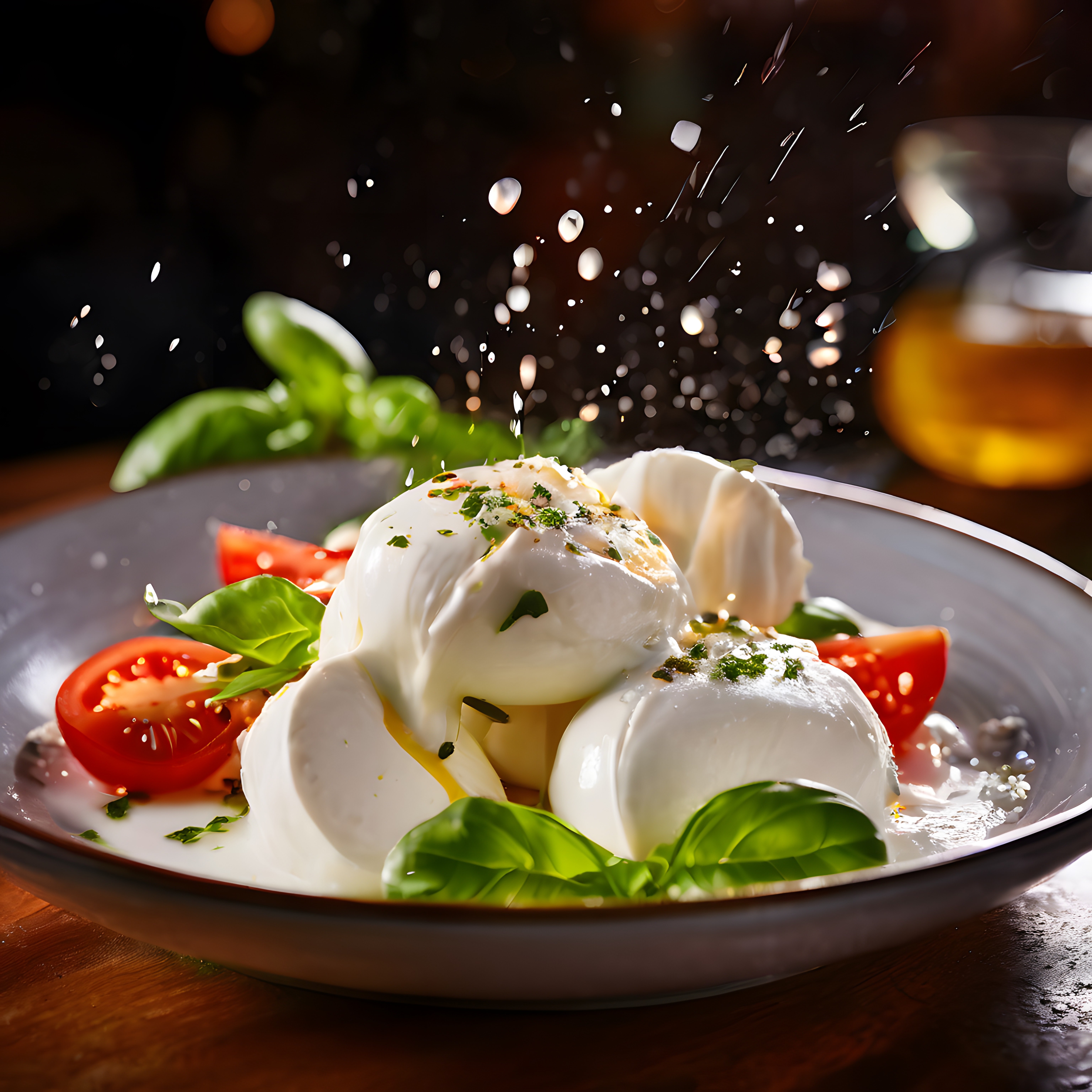 taze burrata peyniri, domates ve fesleğen ile geleneksel italyan caprese sunumu