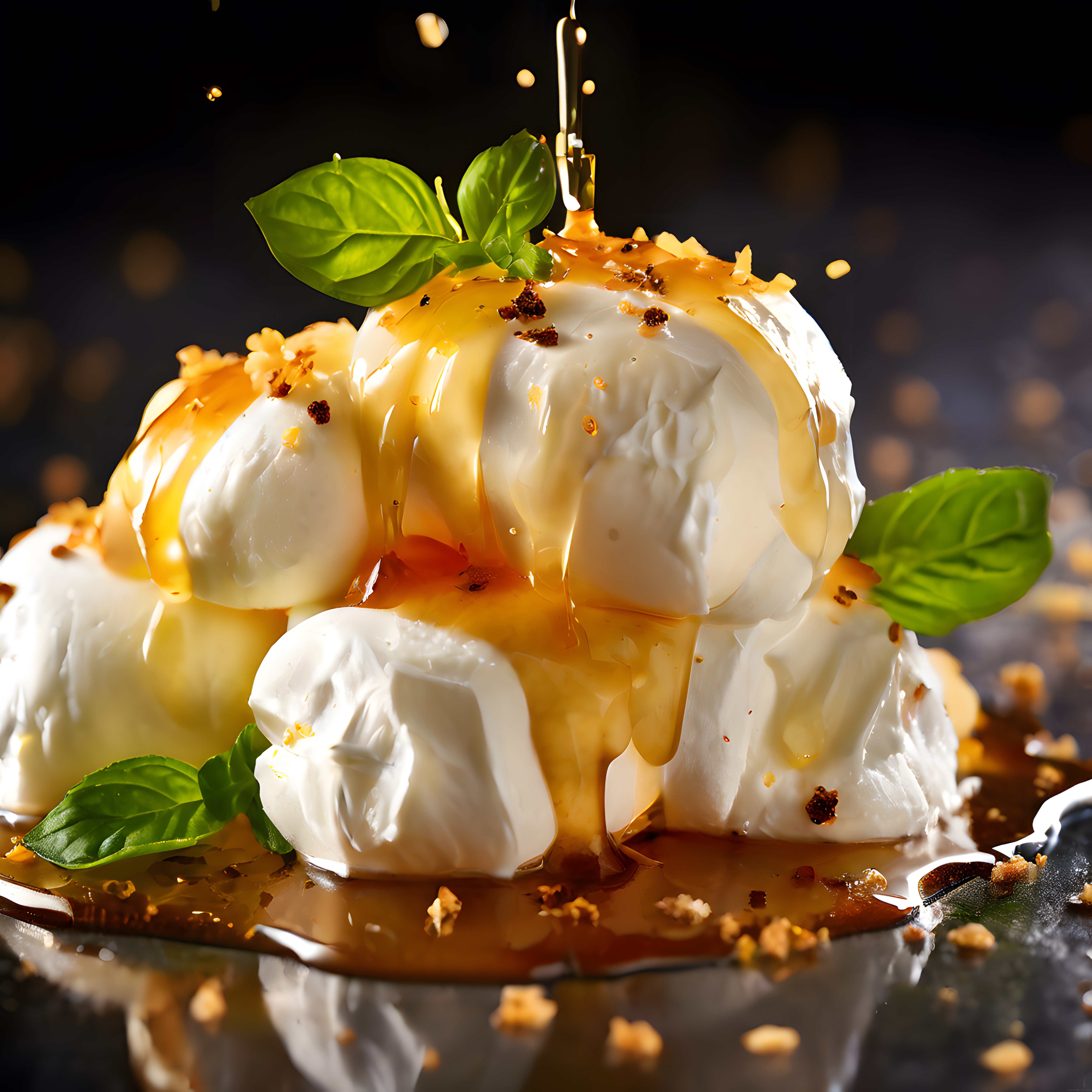 Taze Burrata Peyniri Üzerine Balsamik Sos ve Fesleğen ile Şık Servis