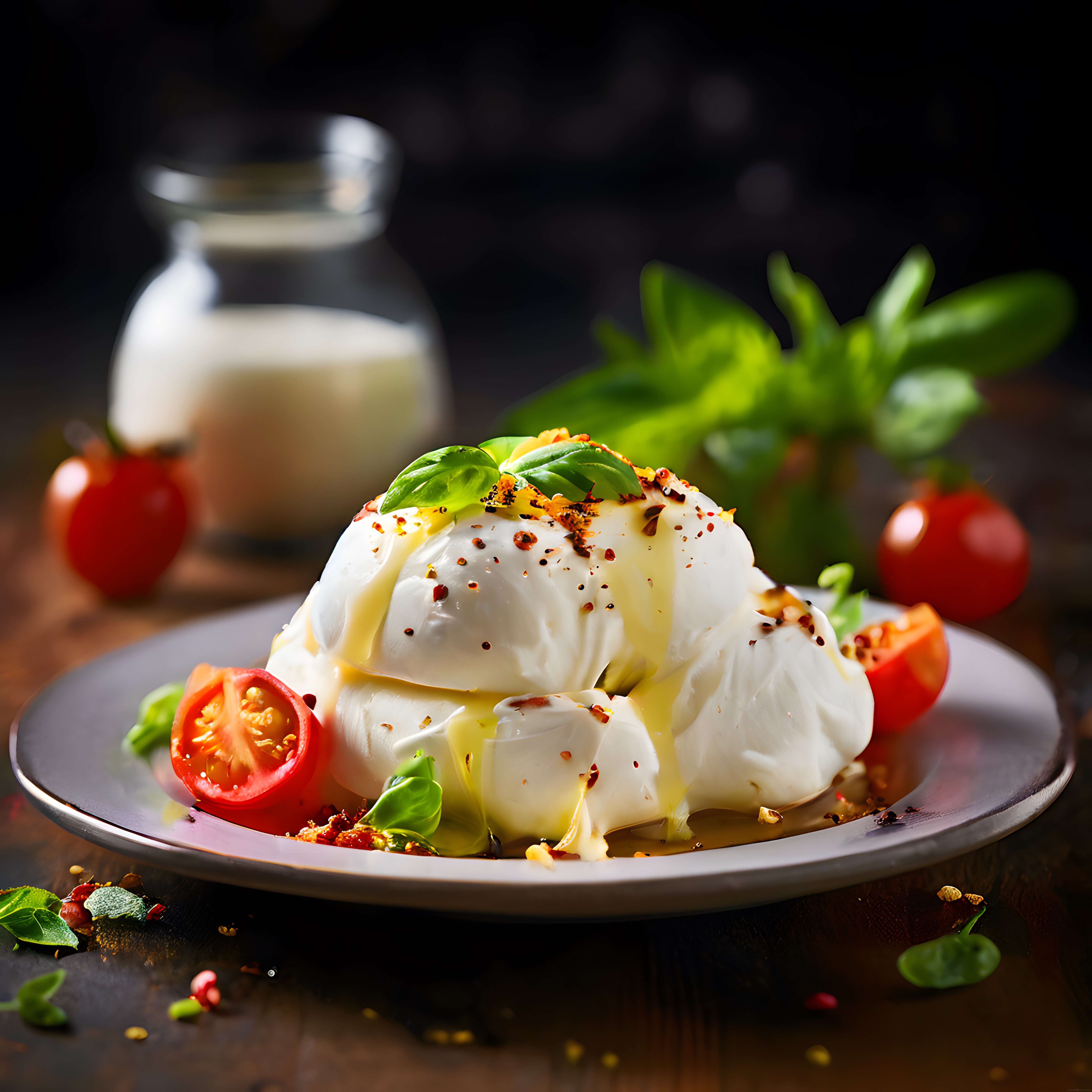 Taze Burrata Peyniri Zeytinyağı Fesleğen ve Domatesle Sunulan İtalyan Lezzeti