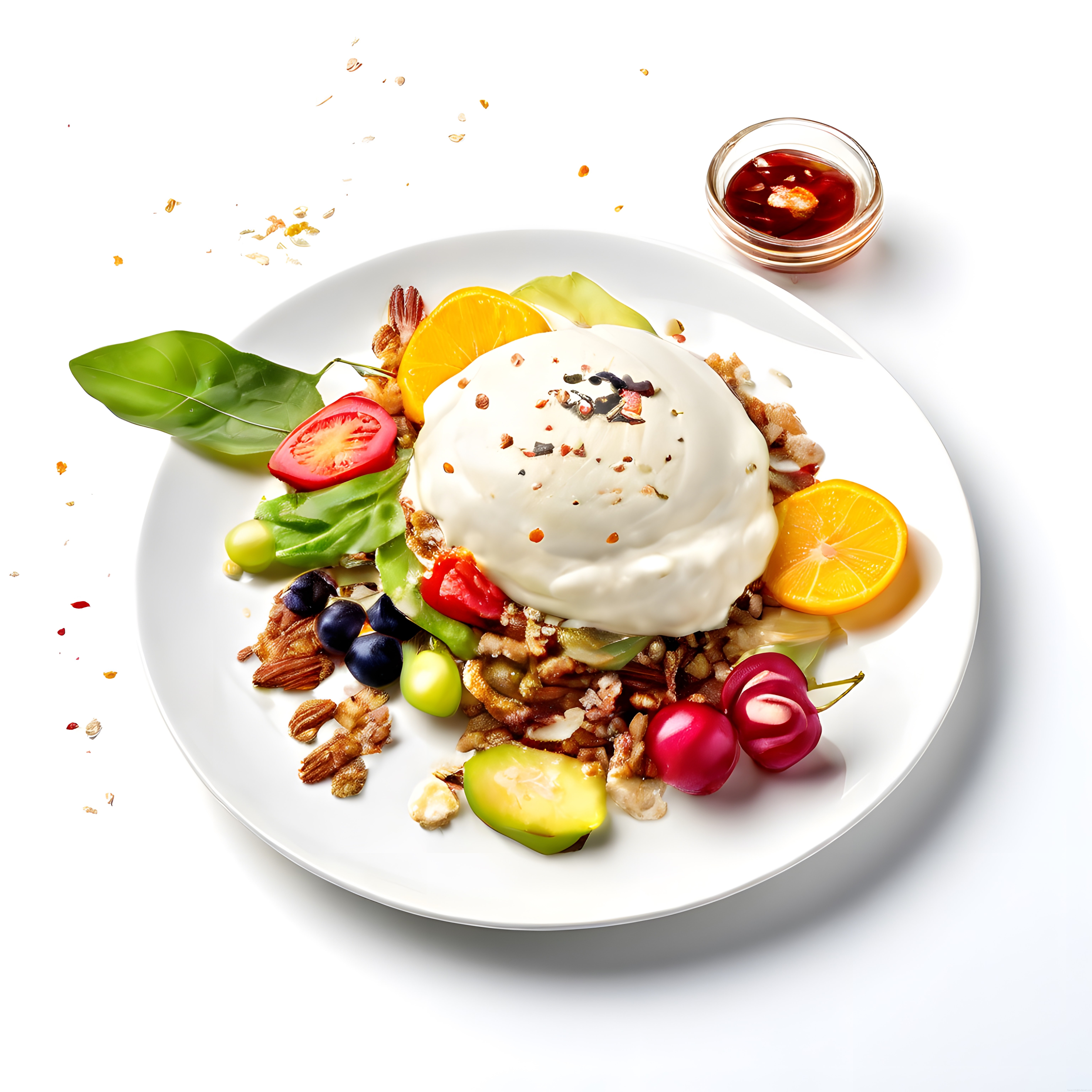 Taze Burrata Peynirli ve Meyveli Renkli Sabah Kahvaltı Tabağı Sunumu