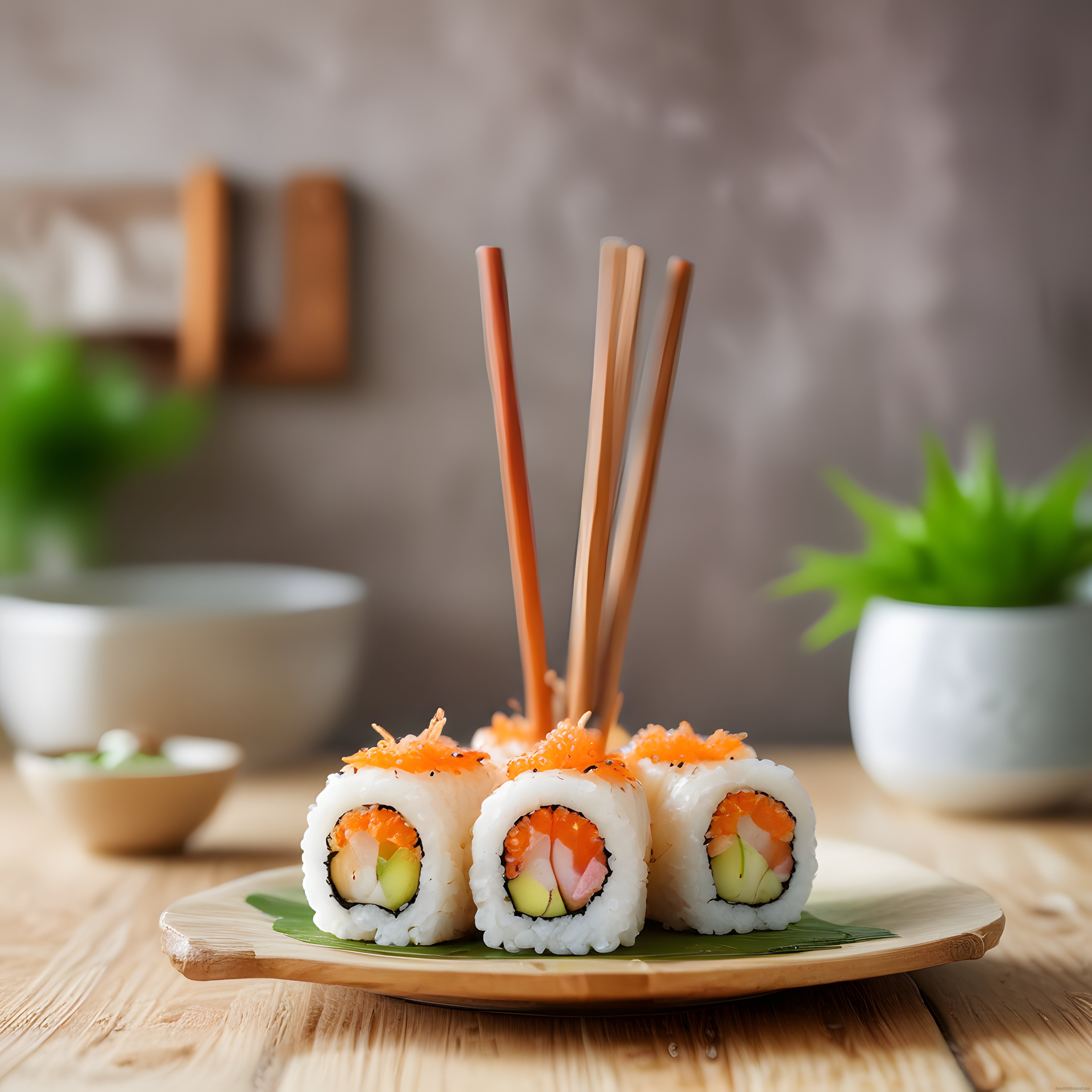 Taze California Sushi Roll, Turuncu Havyar ve Bambu Yapraklı Şık Sunum