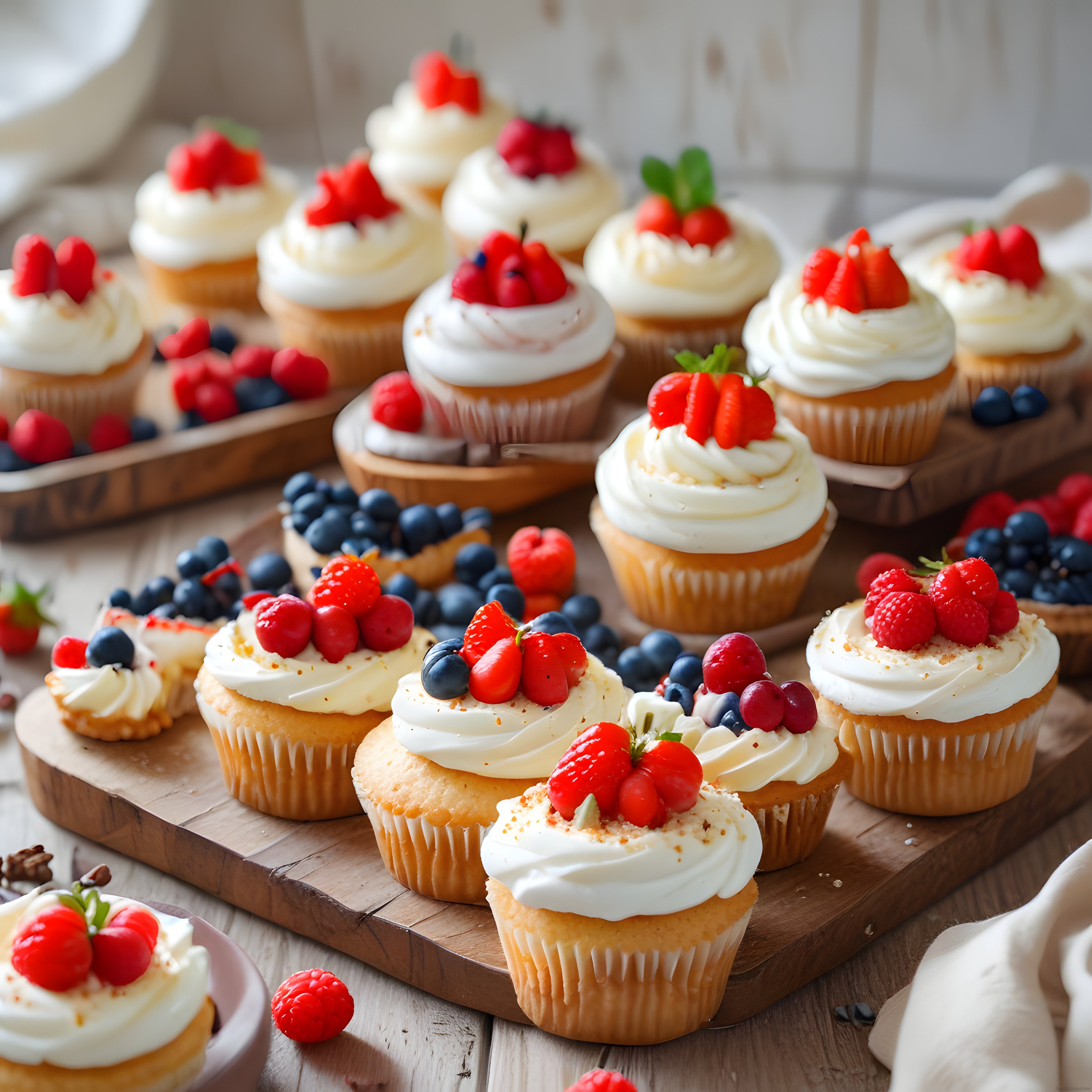 Taze Çilek ve Böğürtlenli Kremalı Cupcake'lerle Rustik Tatlı Sunumu