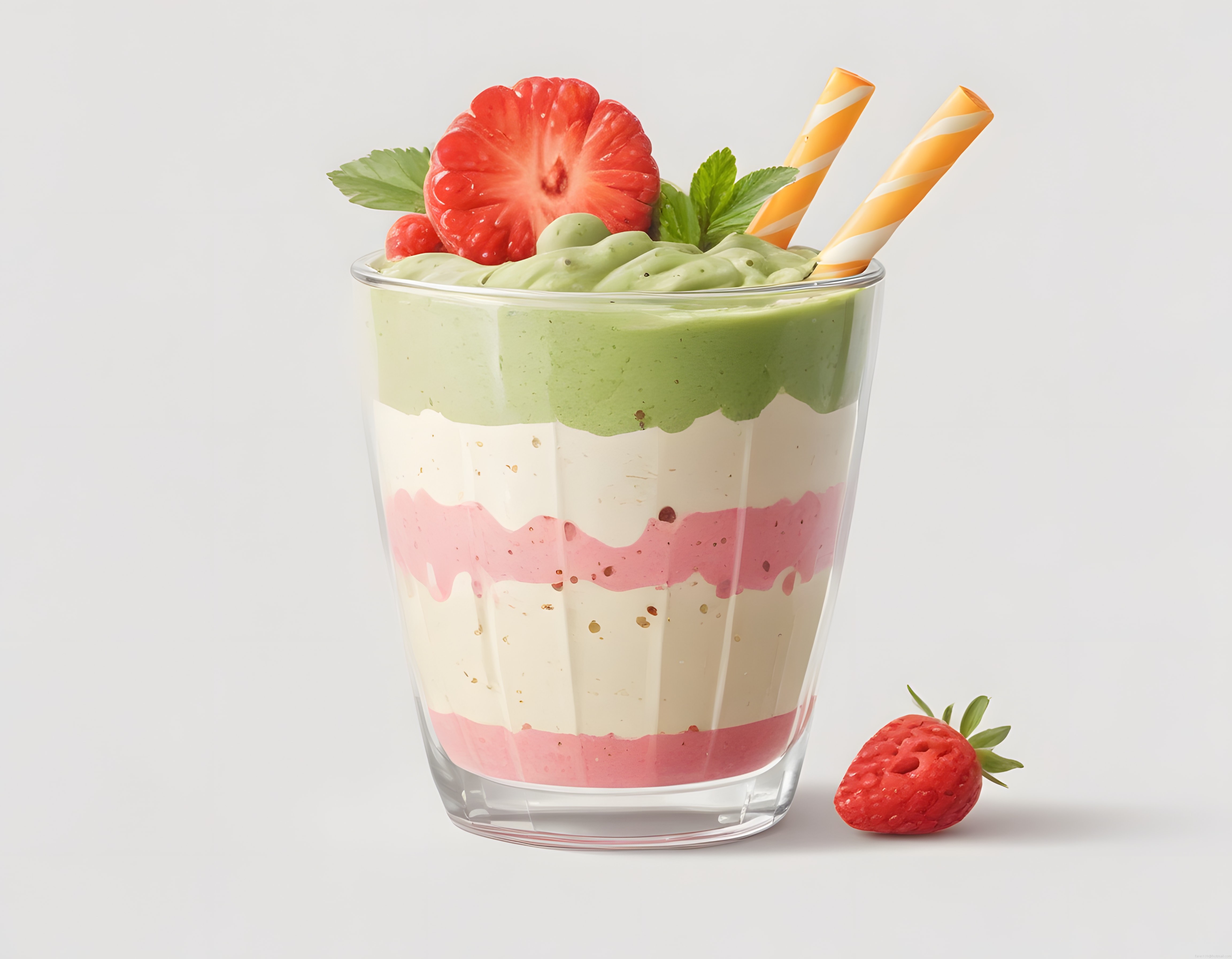 Taze Çilek ve Nane ile Süslenmiş Katmanlı Yeşil Smoothie Bardakta
