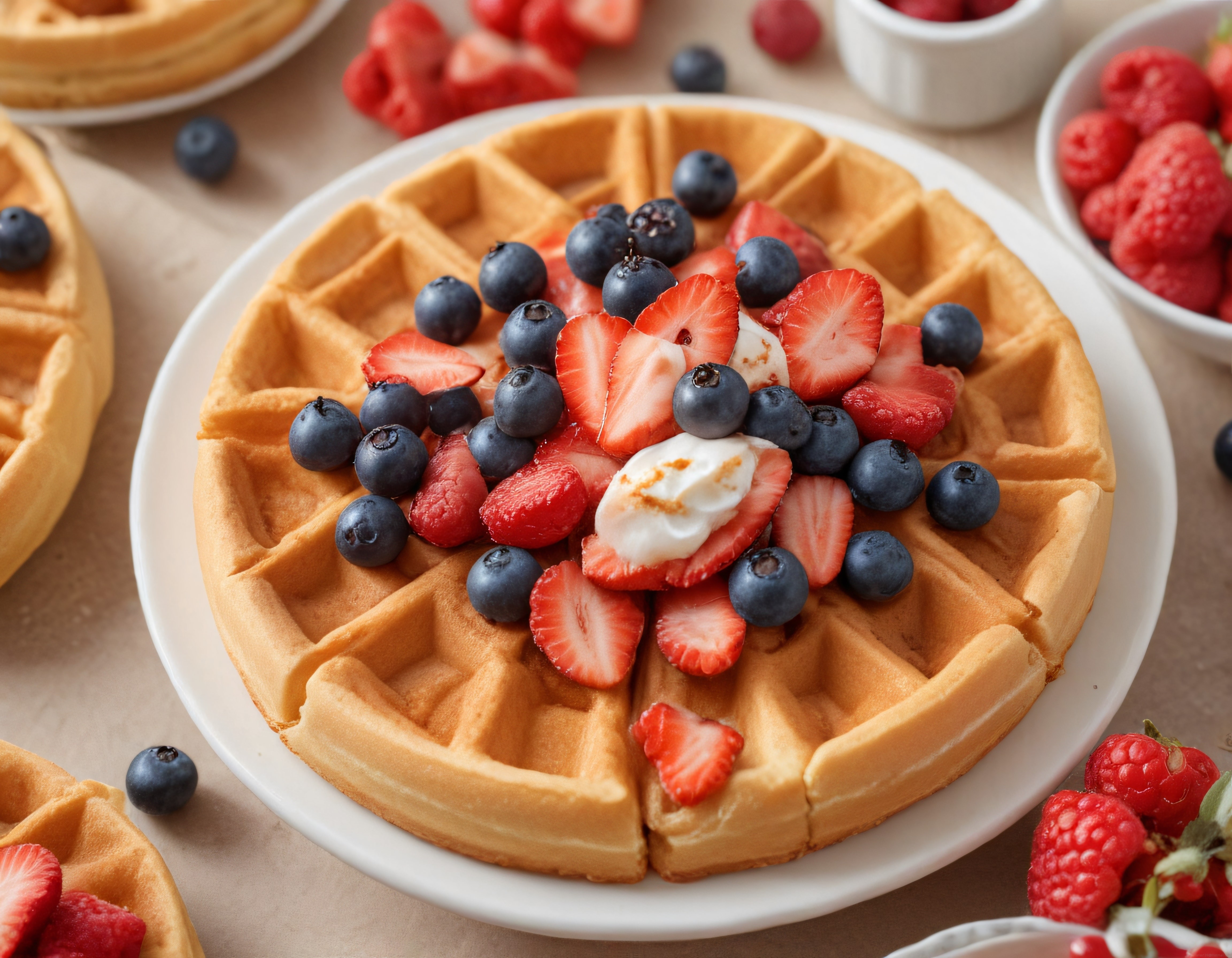 Taze çilek ve yaban mersiniyle süslenmiş altın rengi waffle tabağı