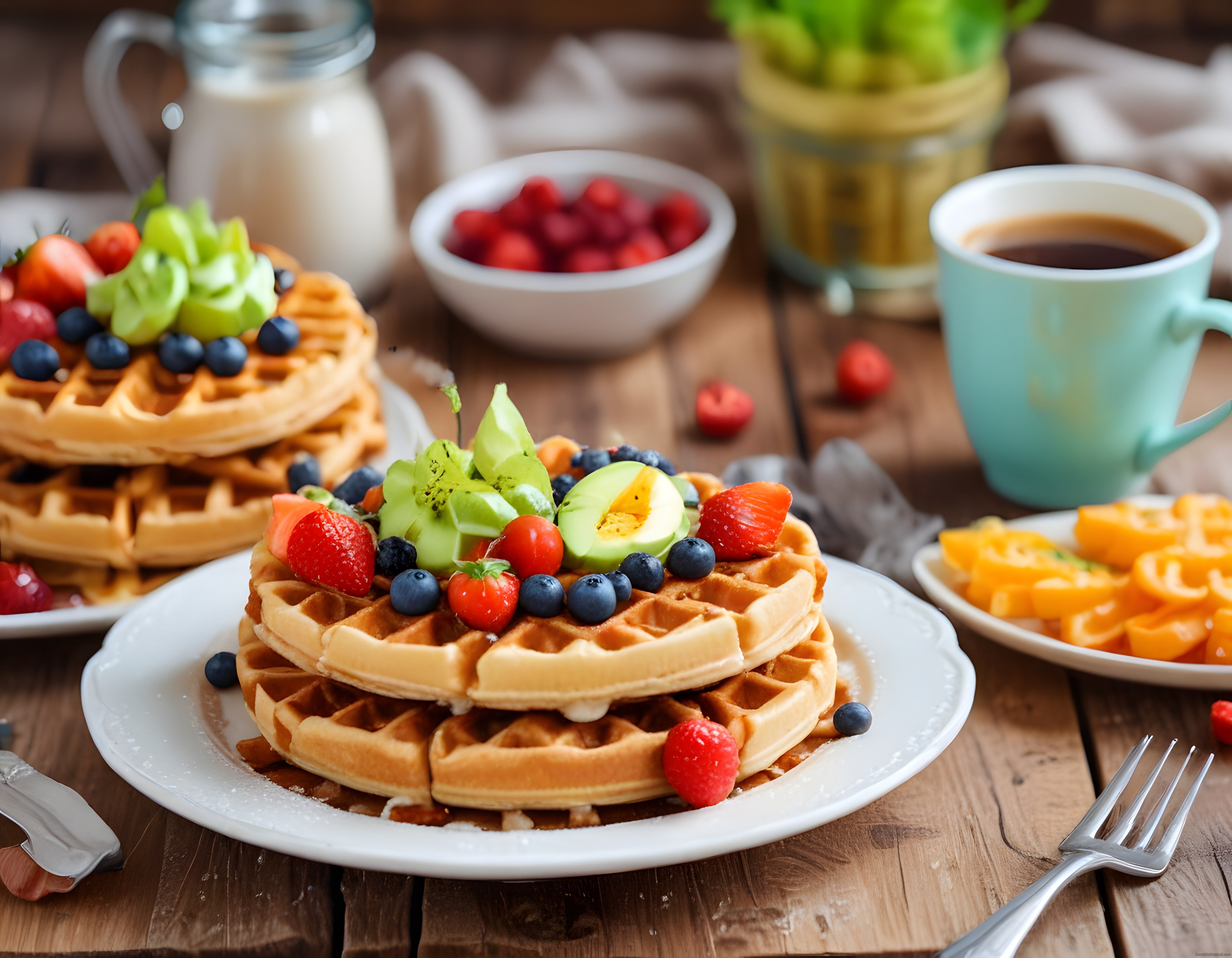 Taze Çilek ve Yaban Mersiniyle Süslenmiş Ev Yapımı Waffle Kahvaltı Sunumu
