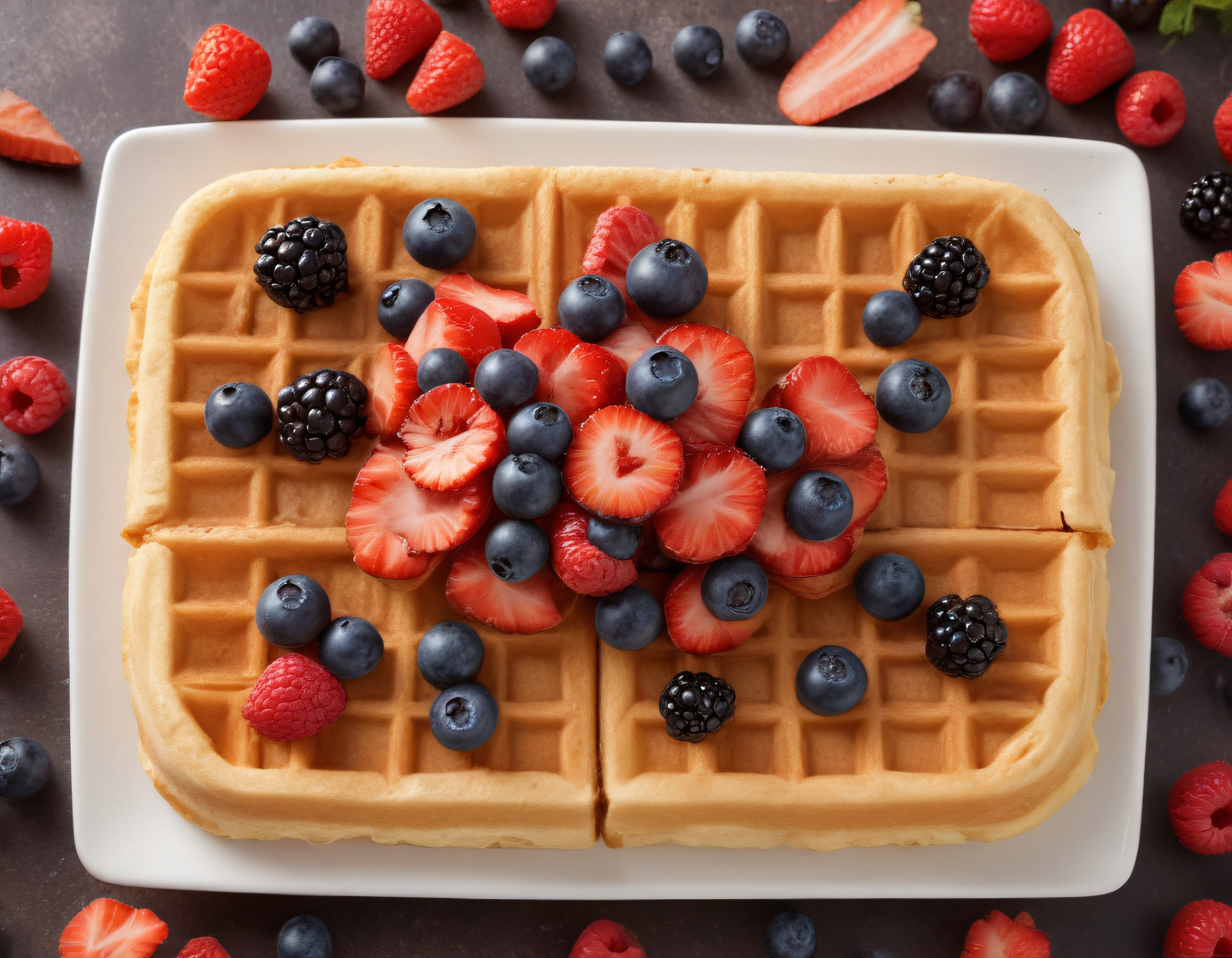 Taze Çilek ve Yaban Mersiniyle Süslenmiş Ev Yapımı Waffle Sunumu