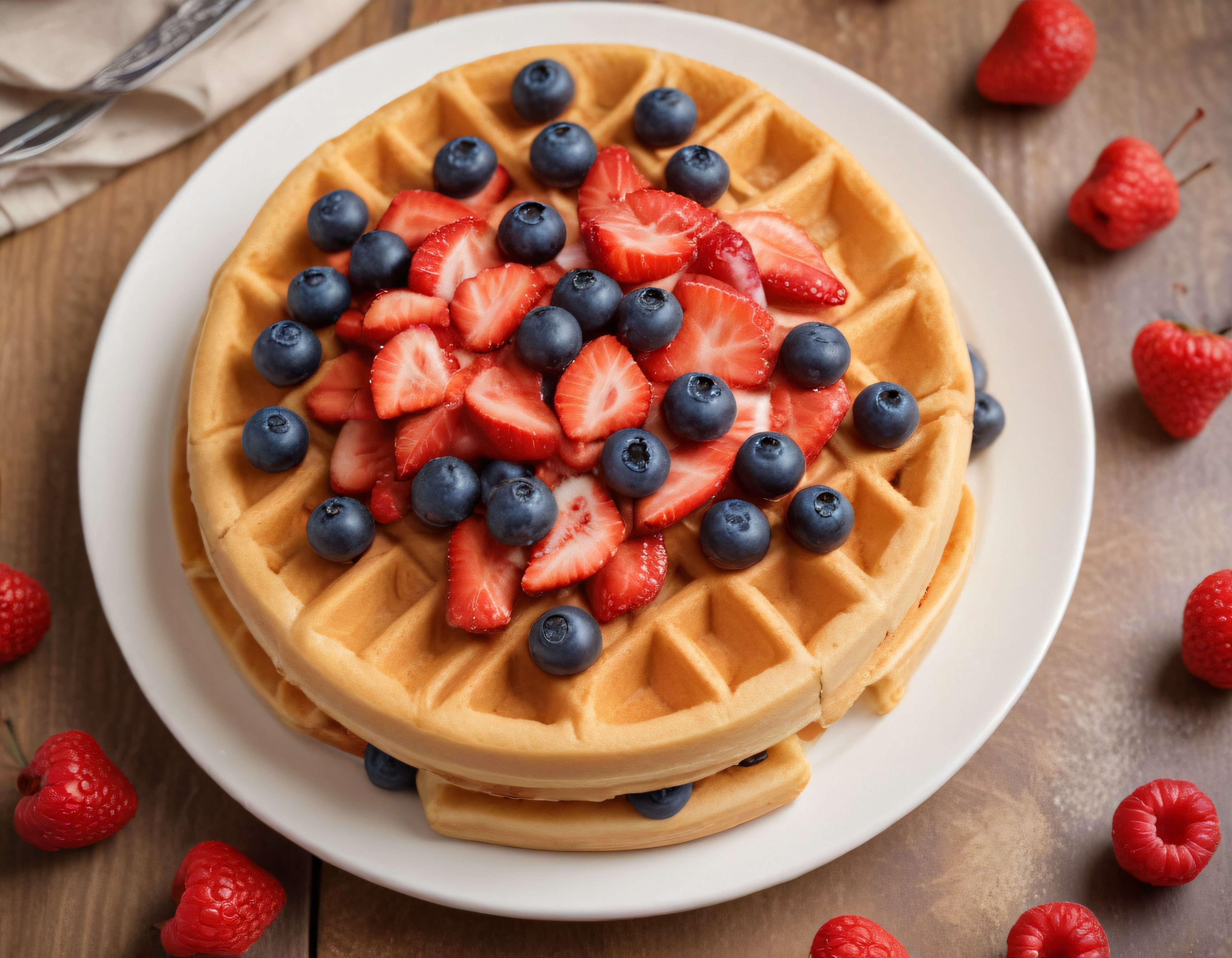 Taze Çilek ve Yaban Mersiniyle Süslenmiş Kahvaltılık Waffle Tabağı