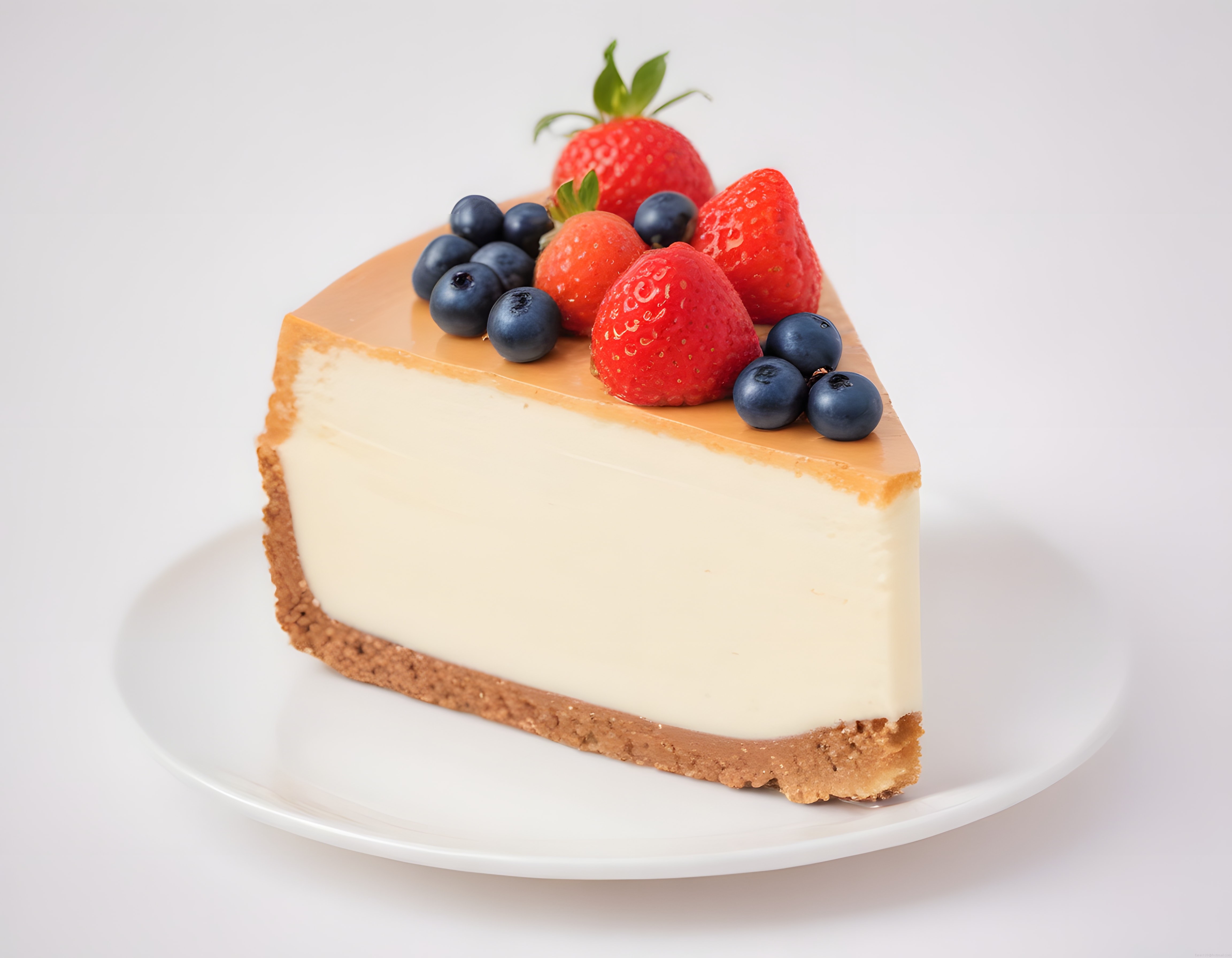 Taze Çilek ve Yaban Mersiniyle Süslenmiş Kremalı Cheesecake Dilimi