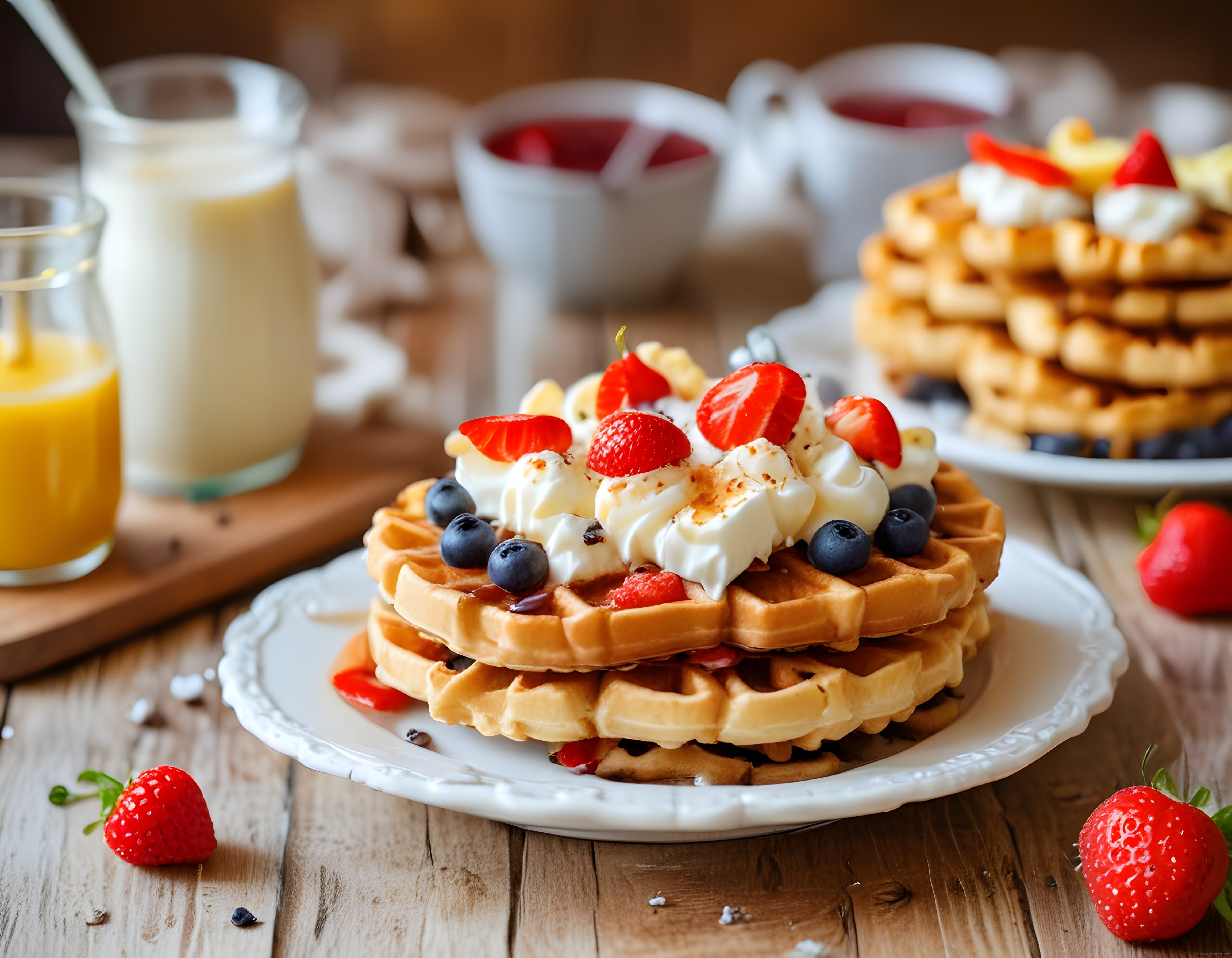 Taze Çilek ve Yaban Mersiniyle Süslenmiş Kremalı Waffle Kahvaltısı