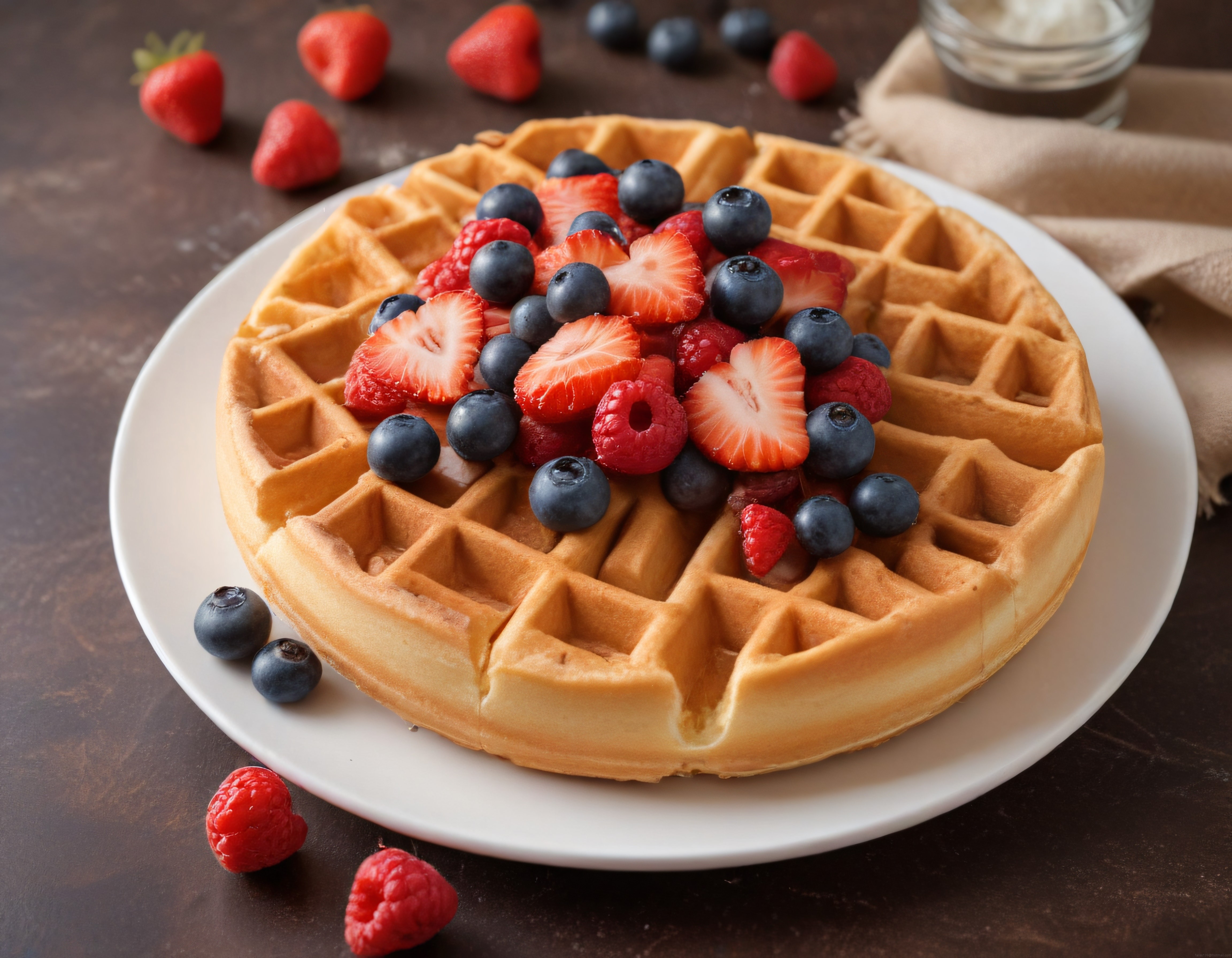 Taze Çilek, Yaban Mersini ve Ahududu ile Süslenmiş Altın Renkli Waffle