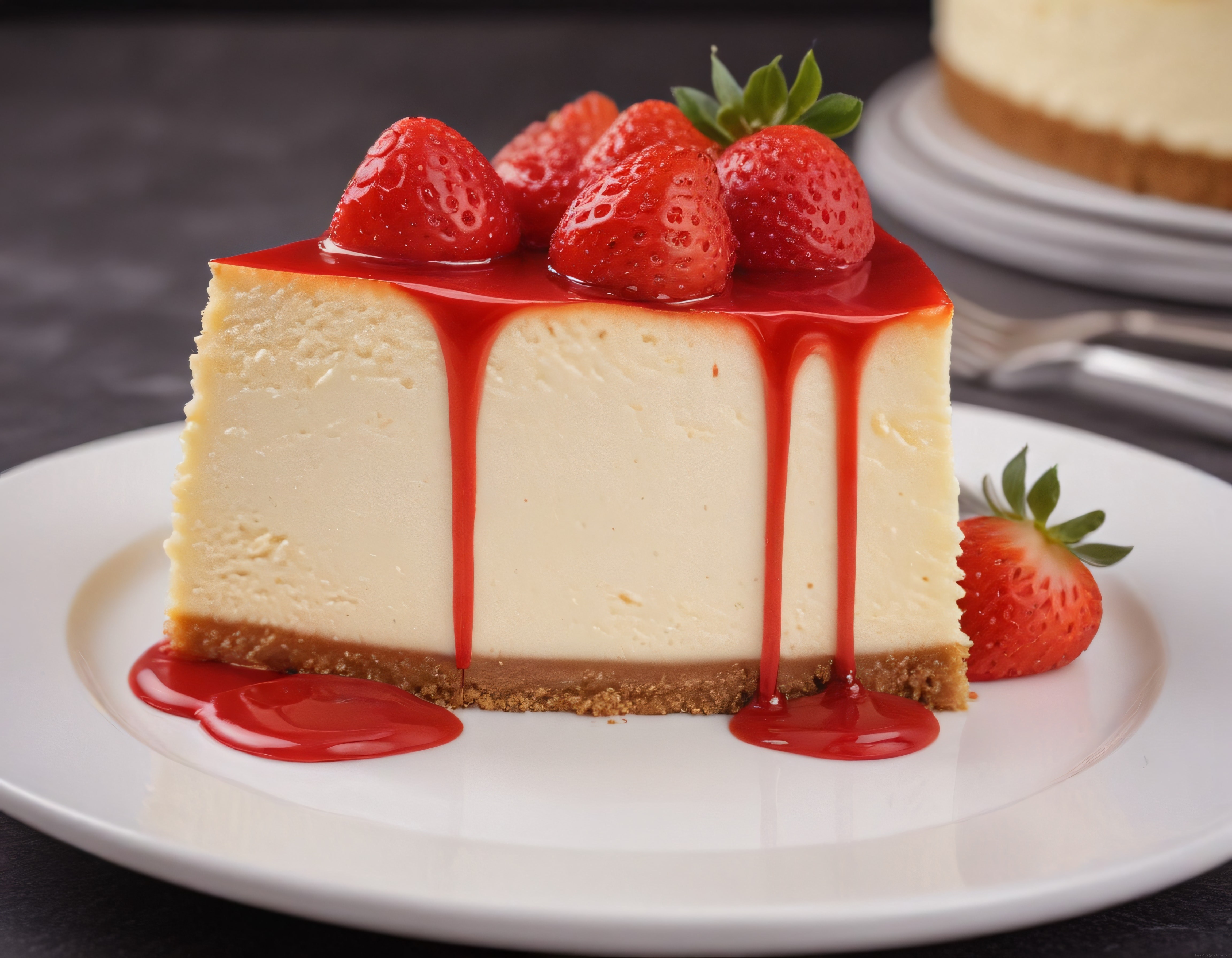 Taze Çilekler ve Parlak Kırmızı Meyve Sosuyla Süslenmiş Cheesecake Dilimi