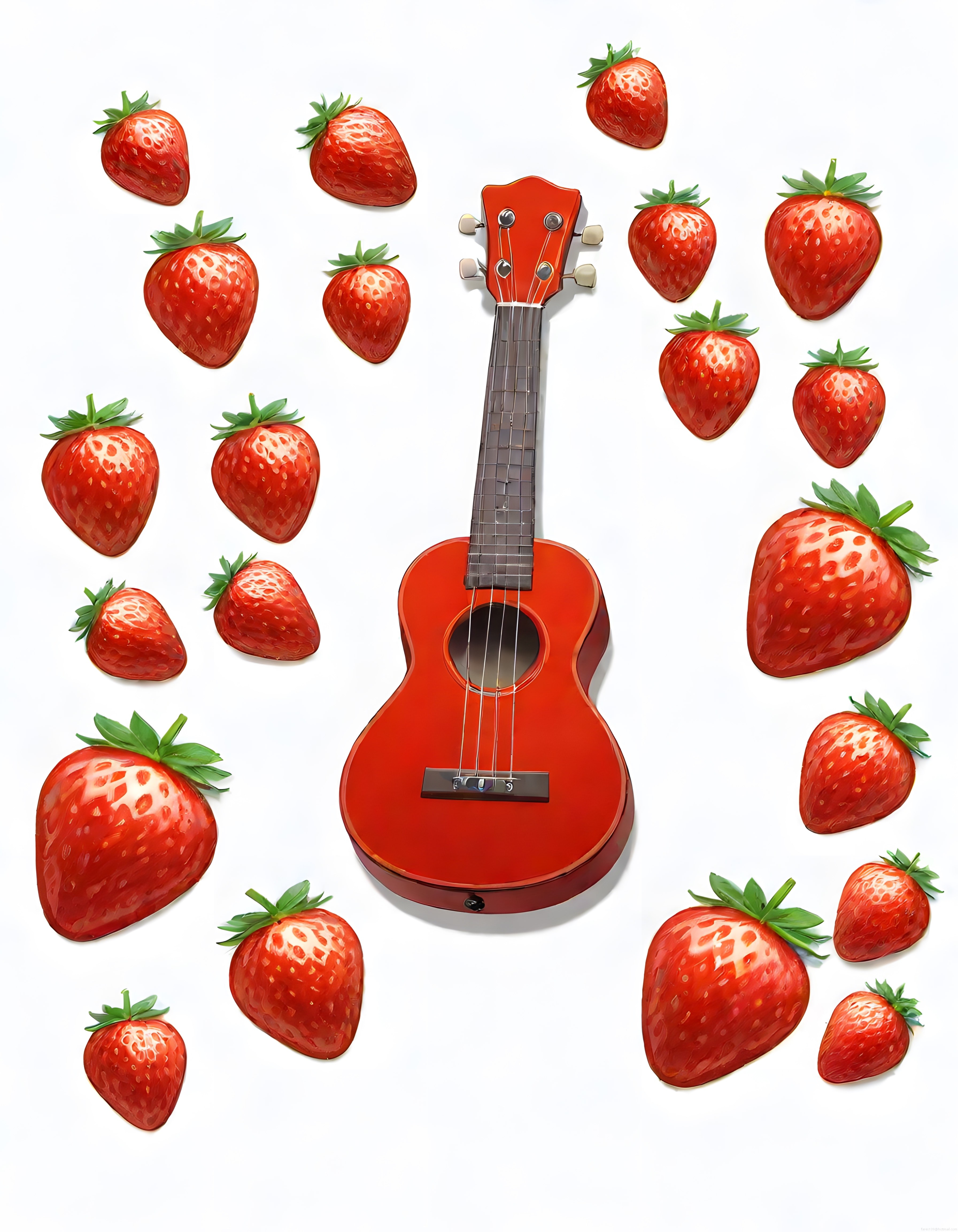Taze çileklerle çevrili kırmızı ukulele ve yazın neşeli müzik kompozisyonu