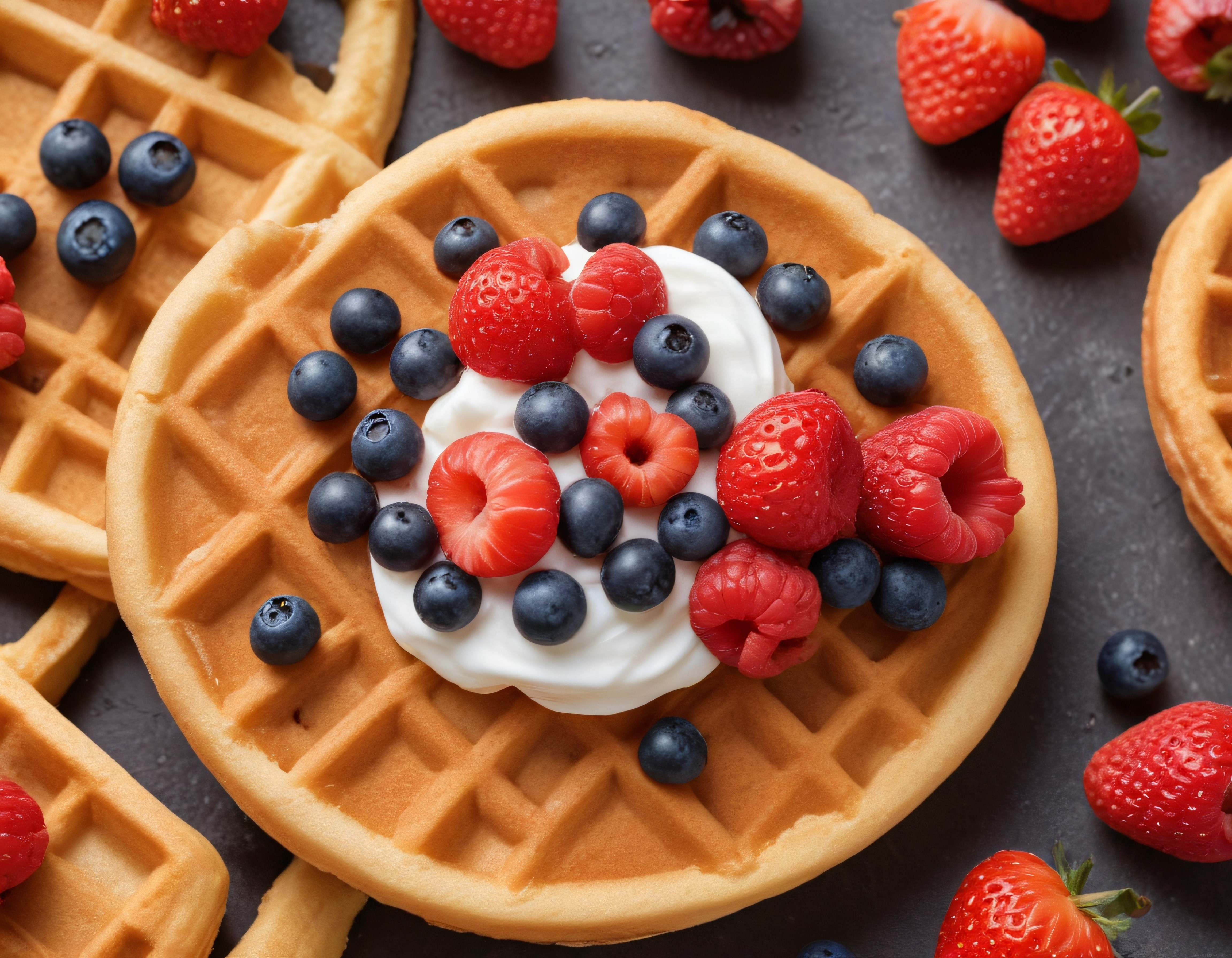 Taze Çilekli Frambuazlı Yaban Mersinli Kremalı Waffle Kahvaltısı