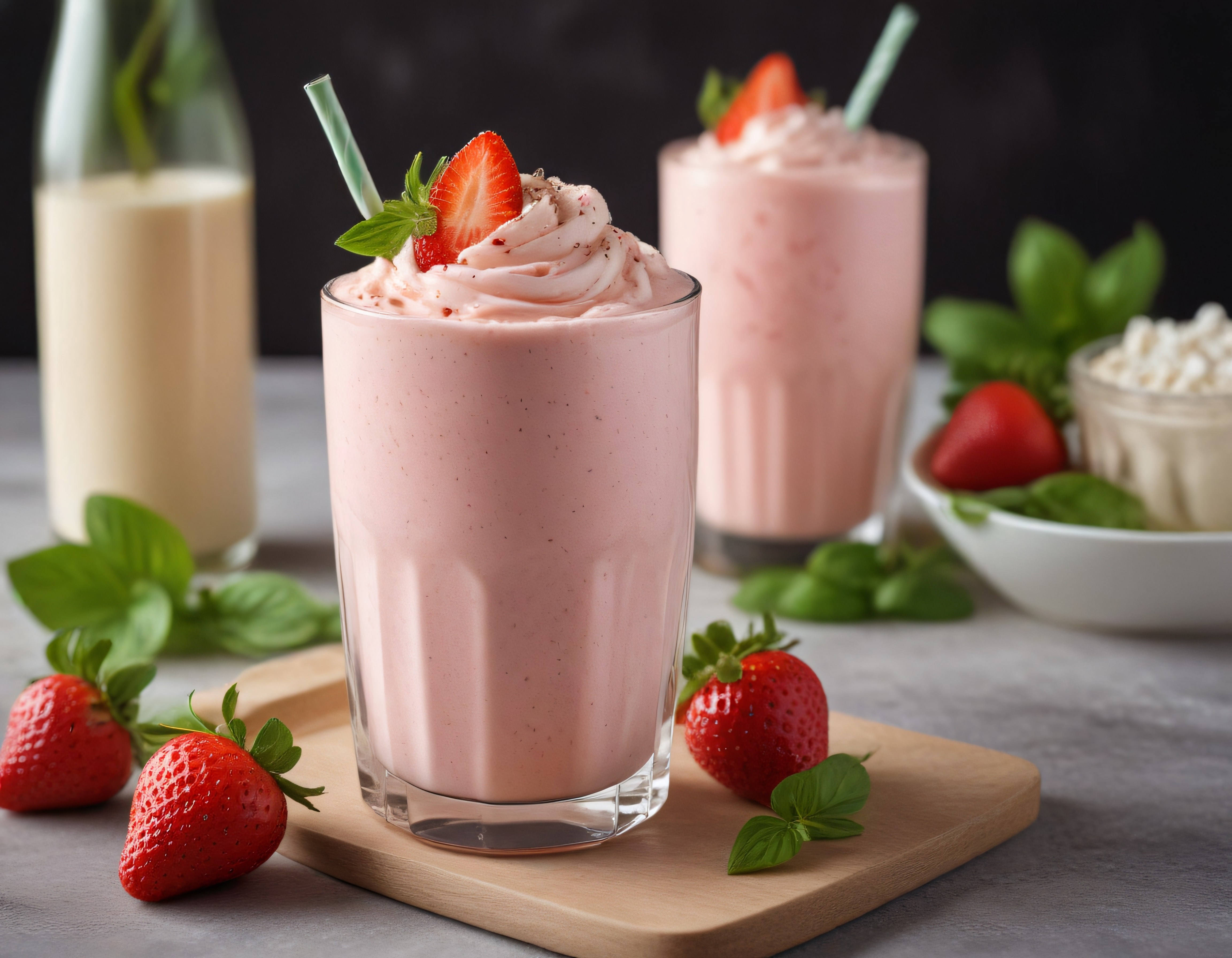 Taze çilekli kremalı smoothie bardağı ve rustik mutfak sunumu