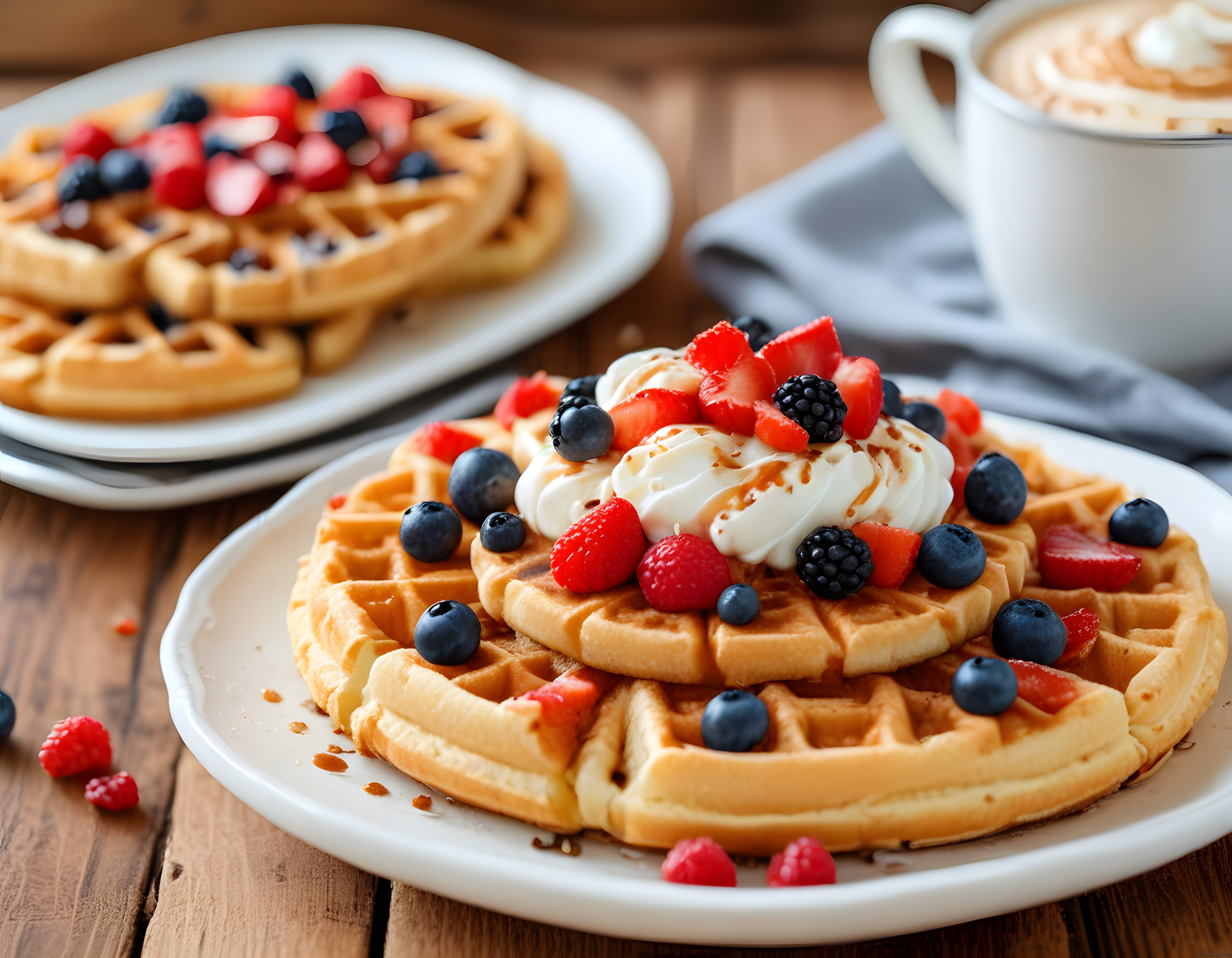 Taze Çilekli ve Kremalı Waffle ile Lattein Eşlik Ettiği Kahvaltı Masası