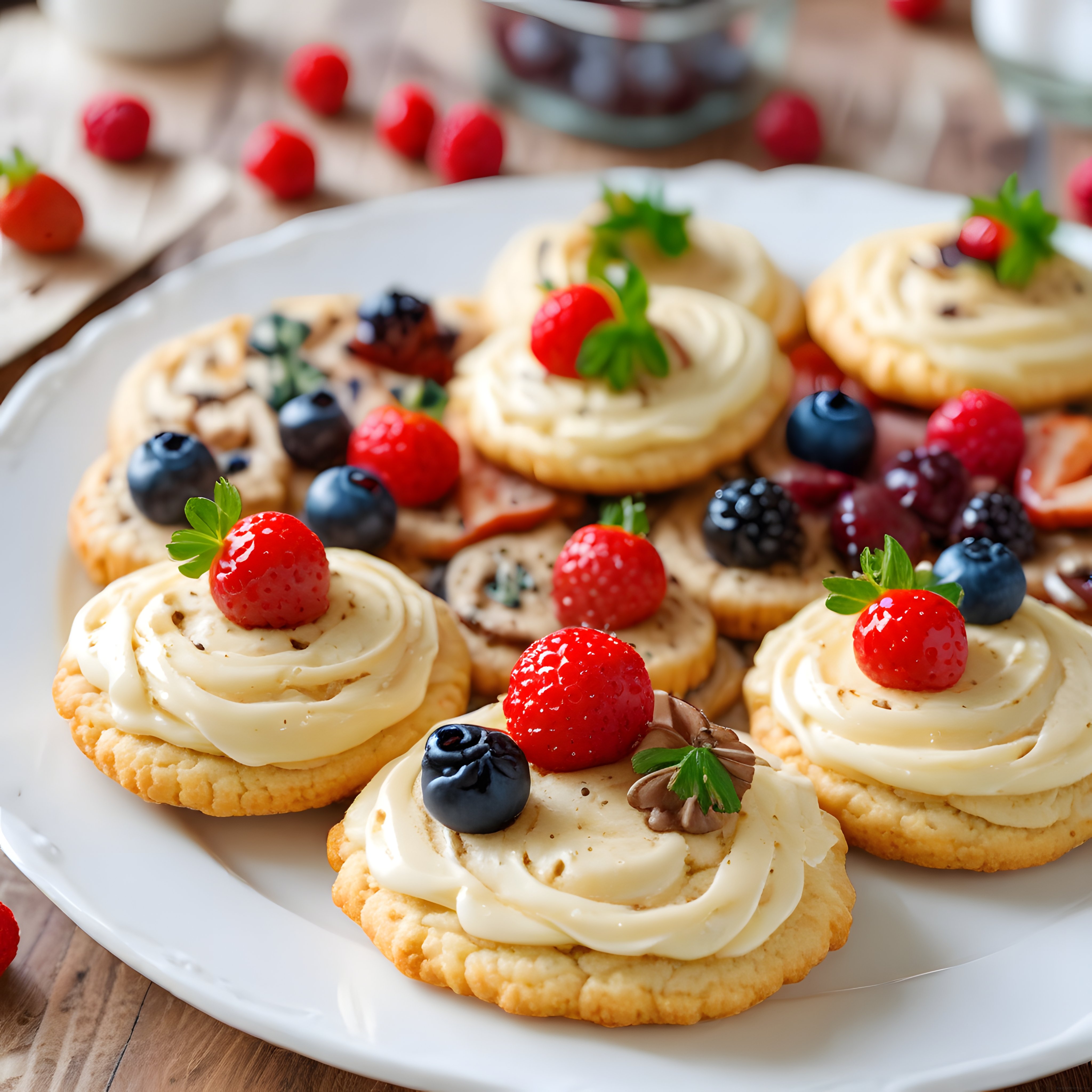 Taze Çilekli ve Yaban Mersinli Kremalı Mini Tartolet Tatlı Sunumu