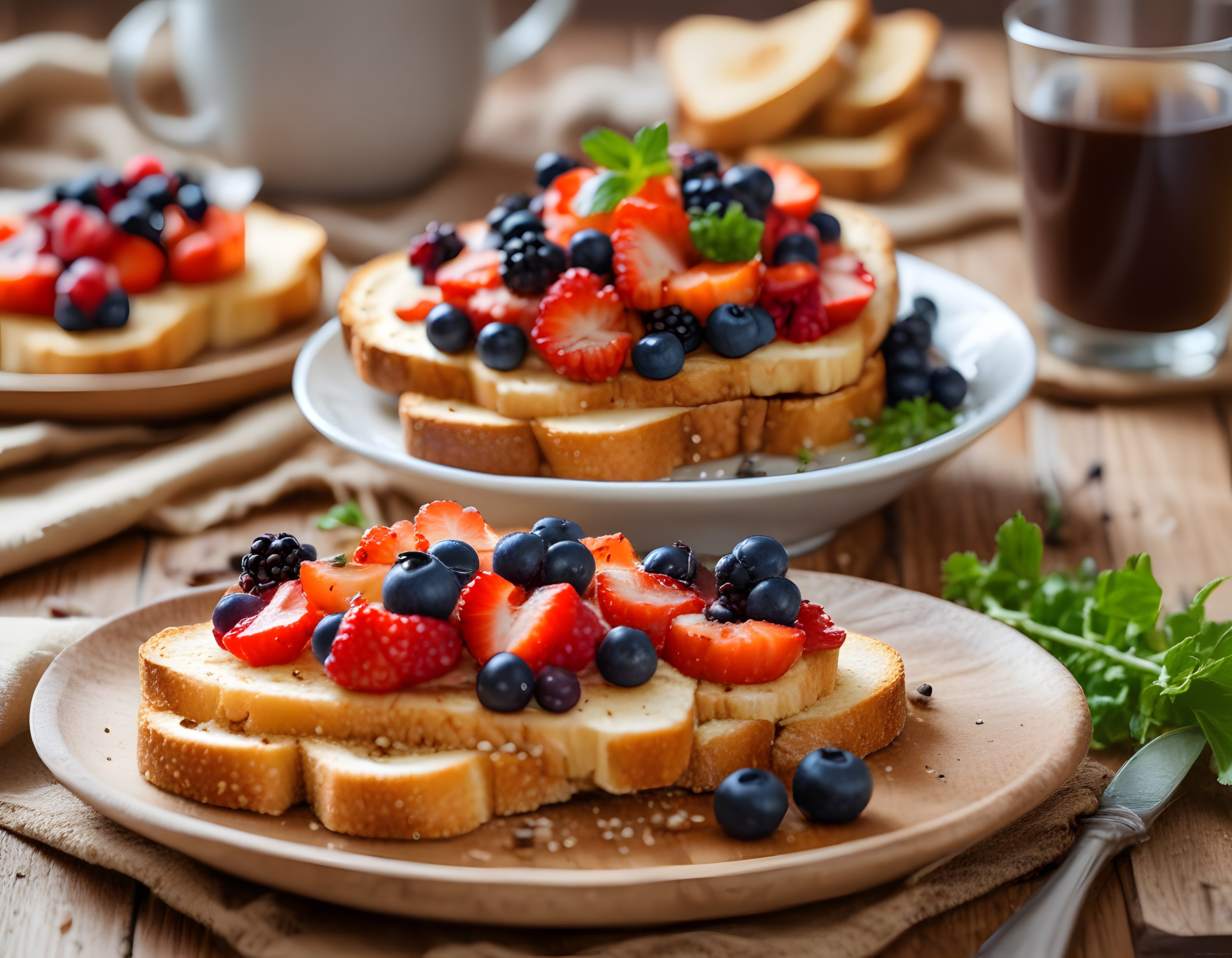 Taze Çilekli Yaban Mersinli French Toast ile Renkli Kahvaltı Masası