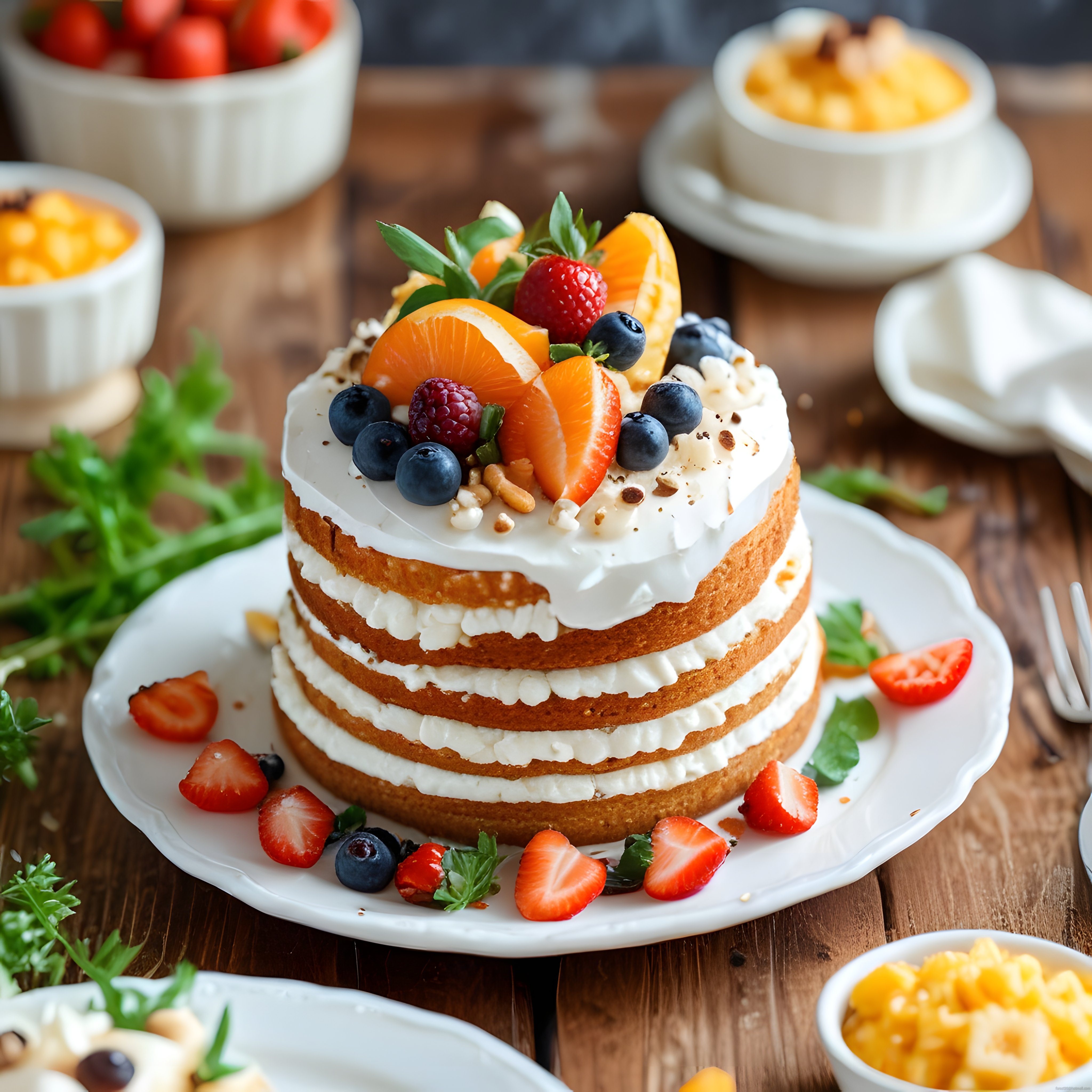Taze Çilekli Yaban Mersinli Kremalı Rustik Naked Cake Pasta Sunumu