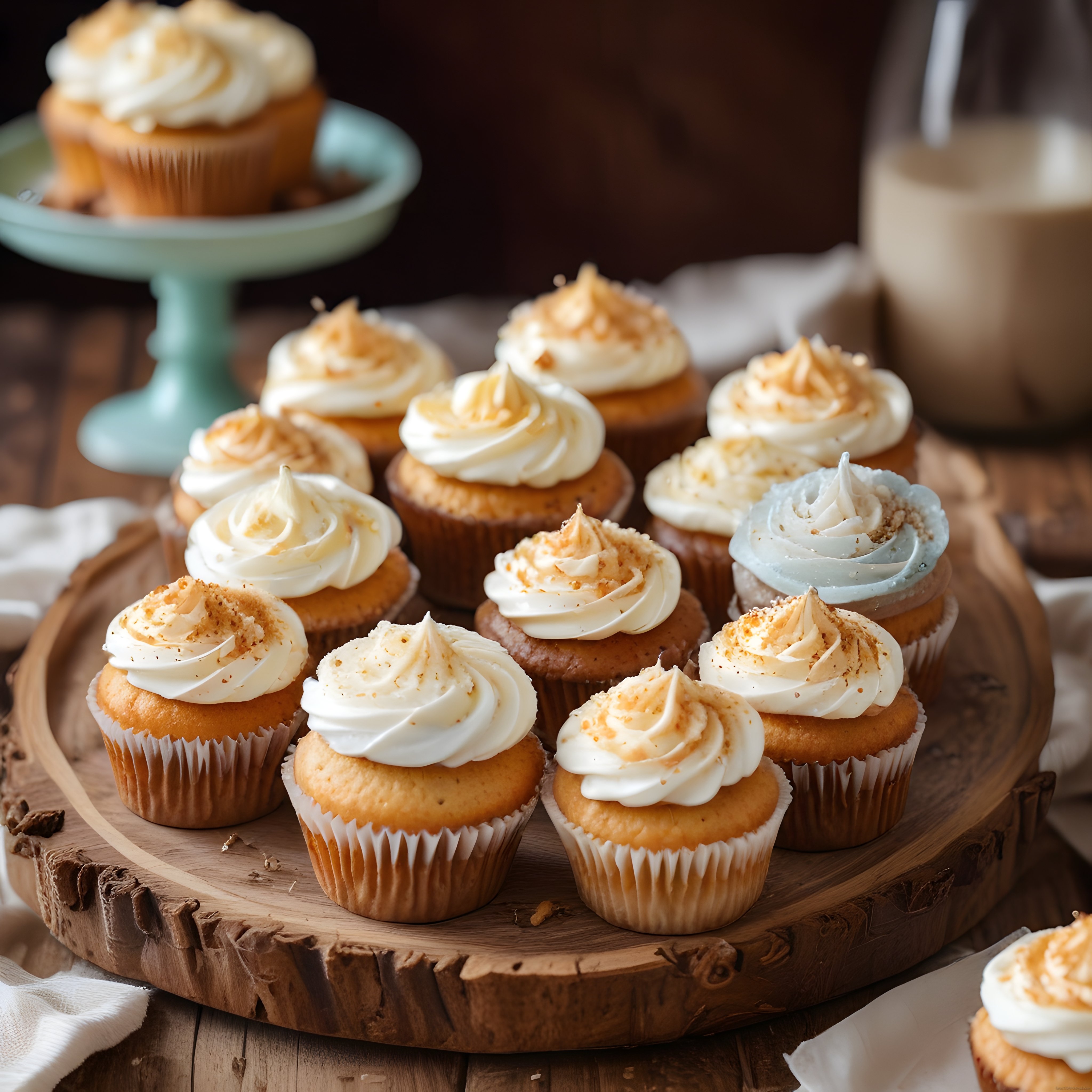 Taze Cupcake'lerin Sütlü Krema ve Fındıkla Süslenmiş Nefis Rustik Sunumu