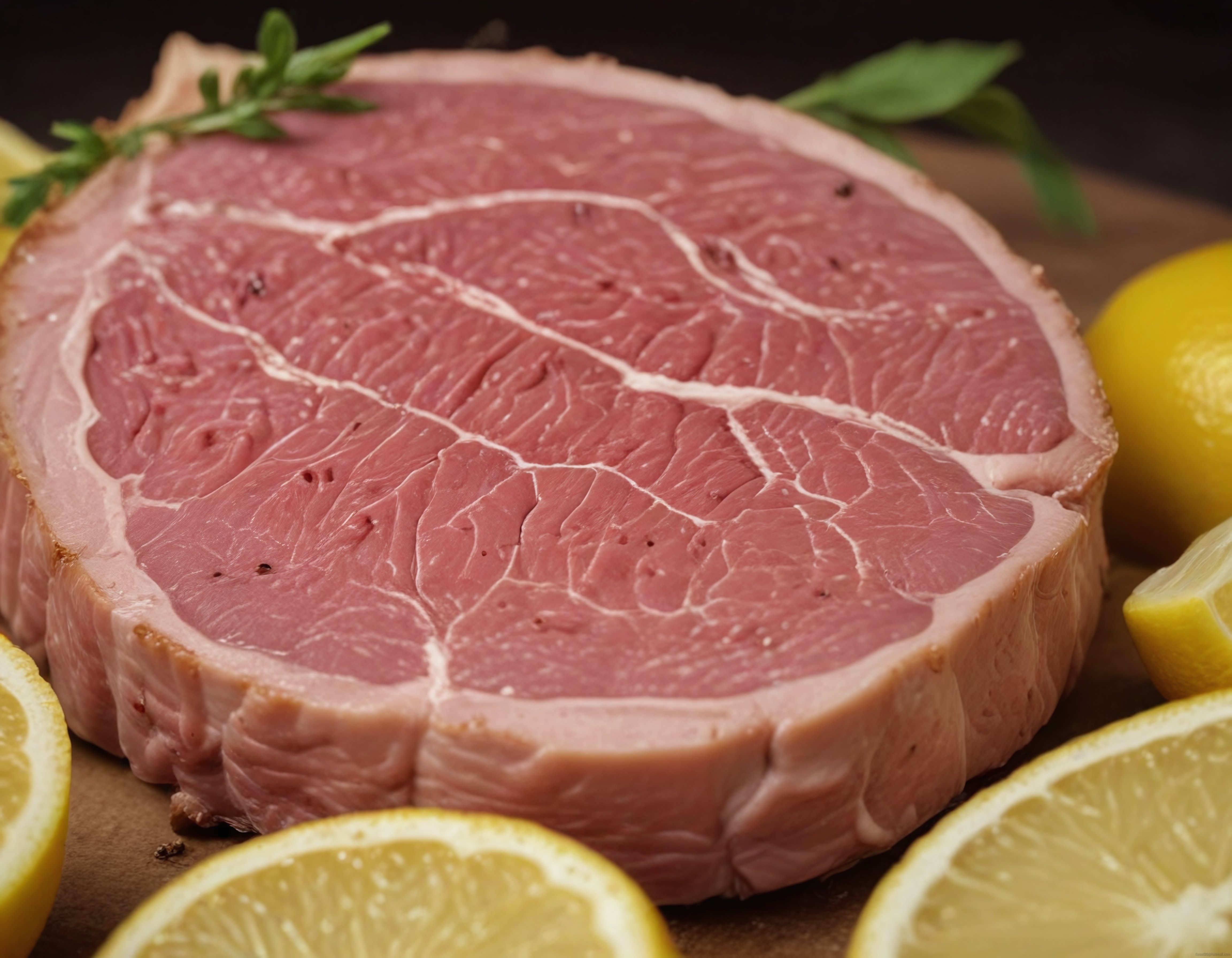 Taze dana bifteği limon ve biberiye ile ahşap sunum tahtası üzerinde