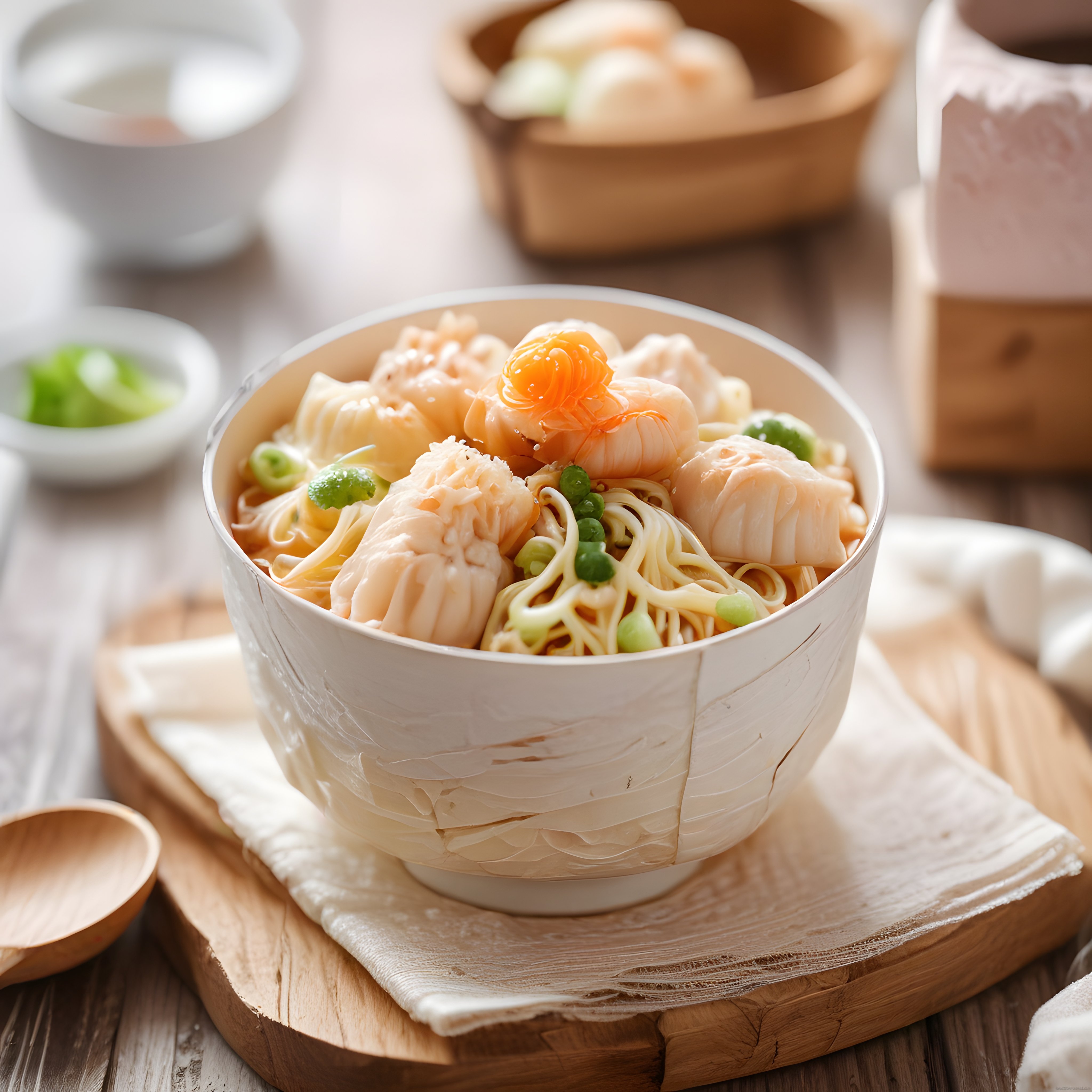 Taze Deniz Ürünlü Noodle Kasesi ve Bambu Buharda Pişirme Sunumu