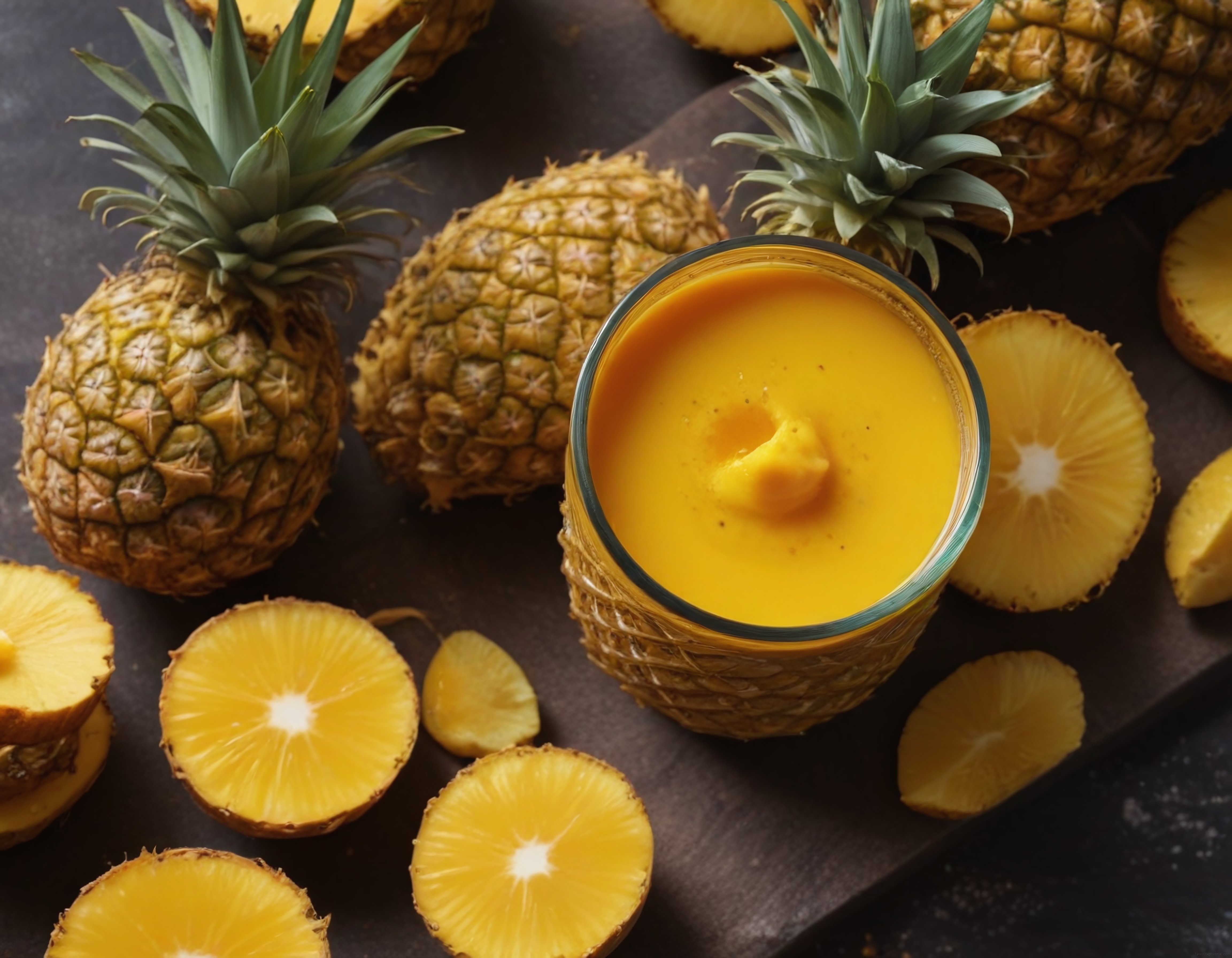 Taze Dilimlenmiş Ananaslar ve Ananas Kapta Doğal Sarı Smoothie