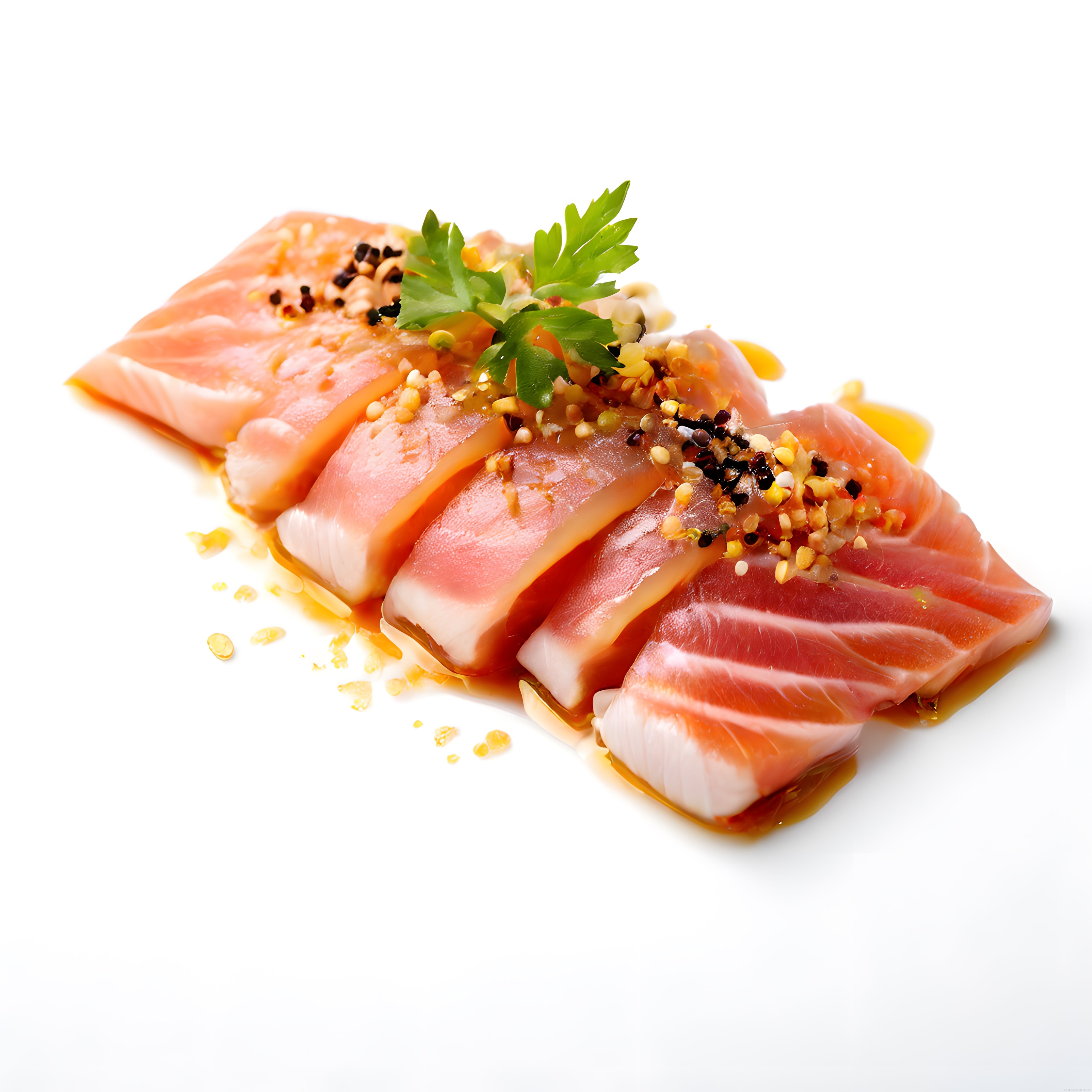 Taze Dilimlenmiş Somon Sashimi, Baharatlar ve Ot ile Şık Bir Sunum Deneyimi