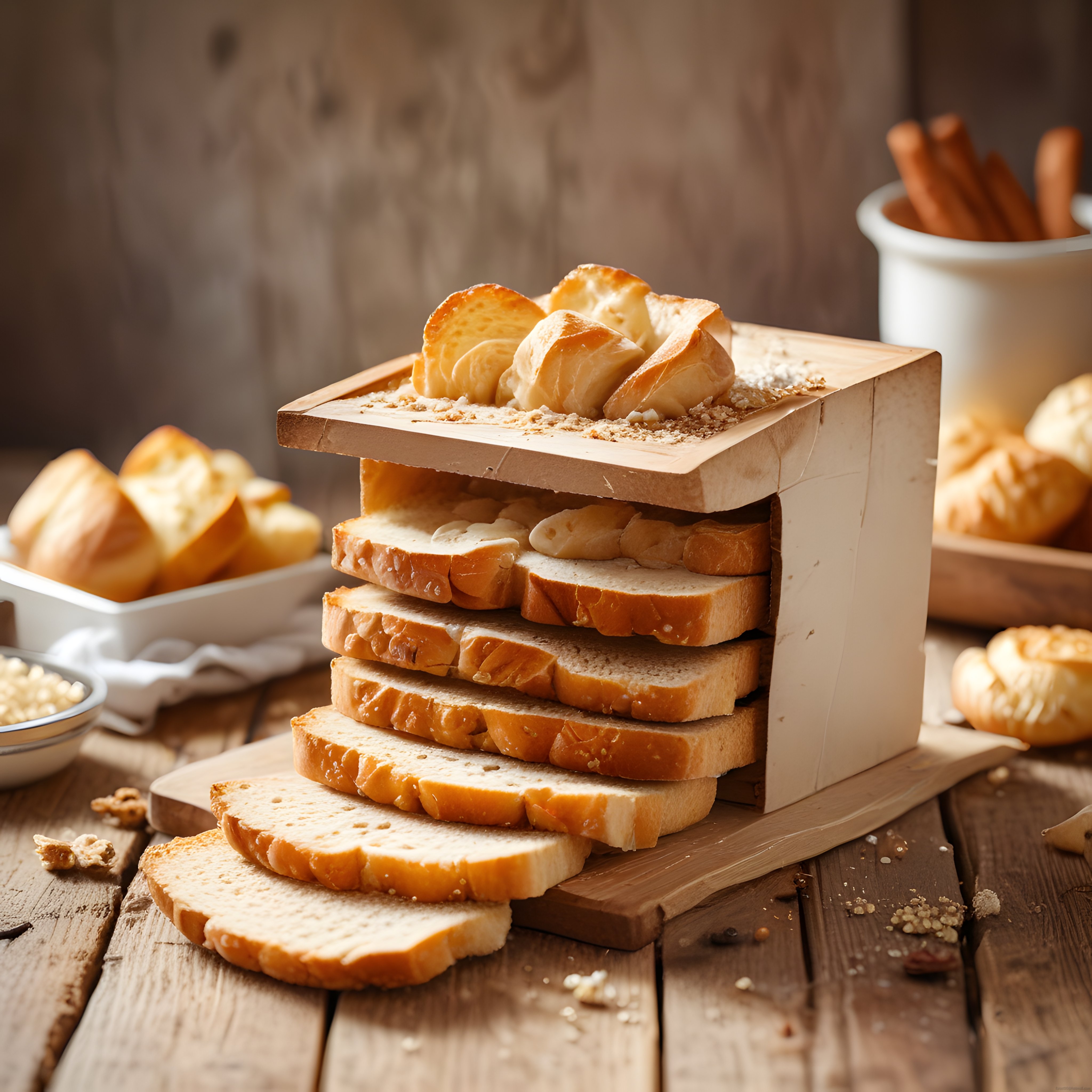 Taze Dilimlenmiş Tost Ekmeği ve Rustik Mutfak Masası Konsepti