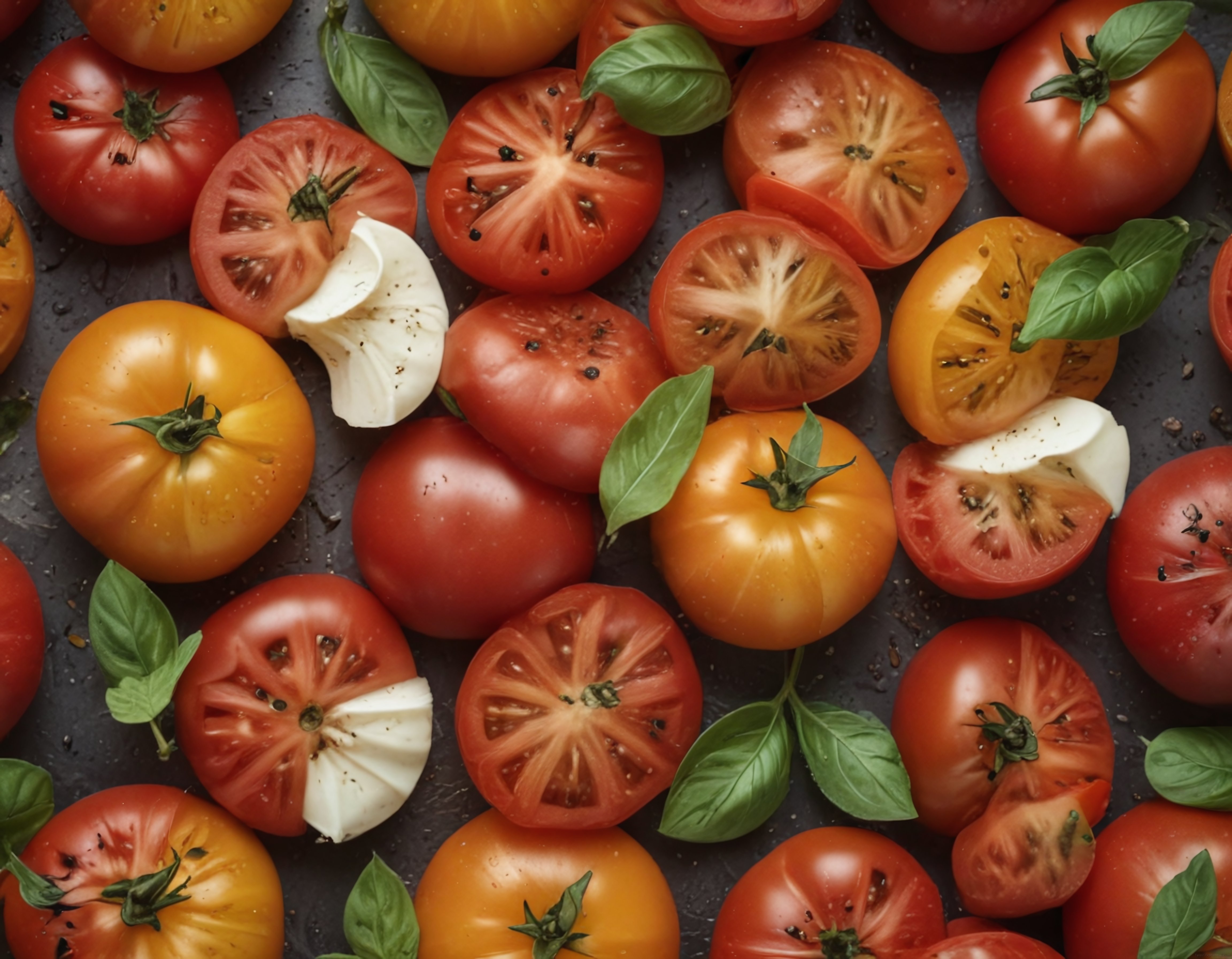 Taze Domates Dilimleri, Fesleğen ve Mozzarella Peyniri Sunumu