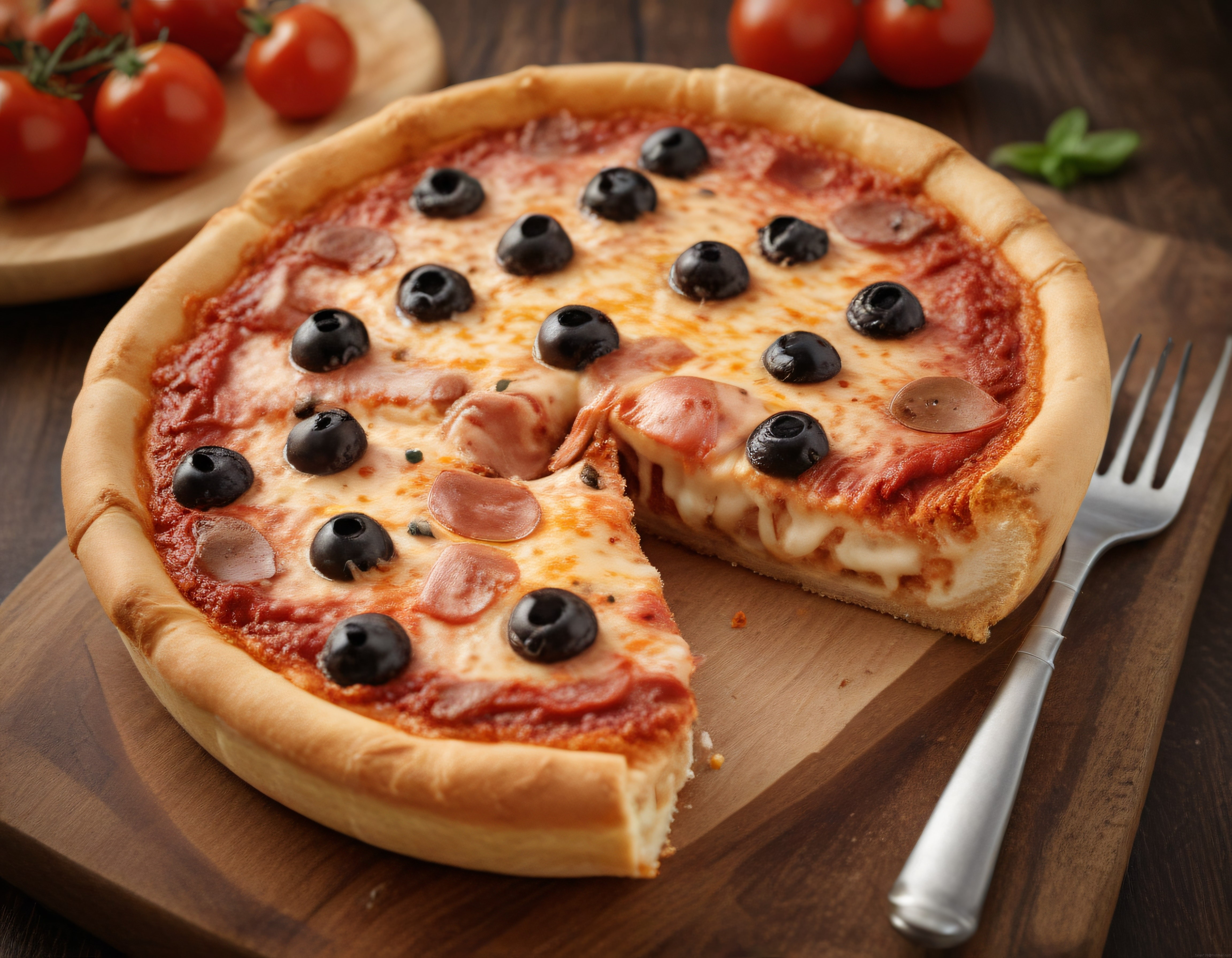 Taze Domates Eşliğinde Sucuklu Siyah Zeytinli ve Bol Peynirli Pizza