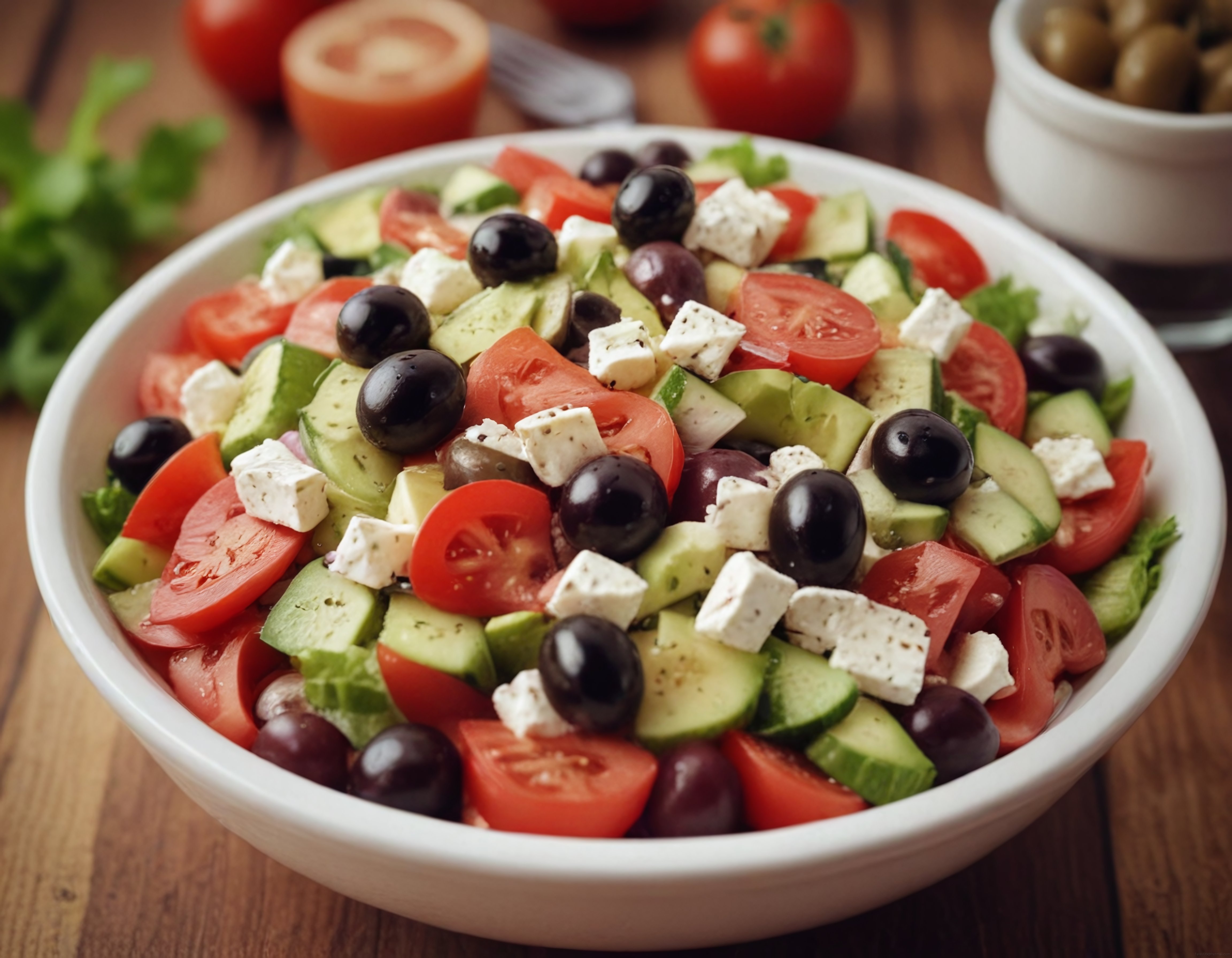 Taze Domates Salatalık ve Beyaz Peynirli Renkli Akdeniz Salatası Kasesi